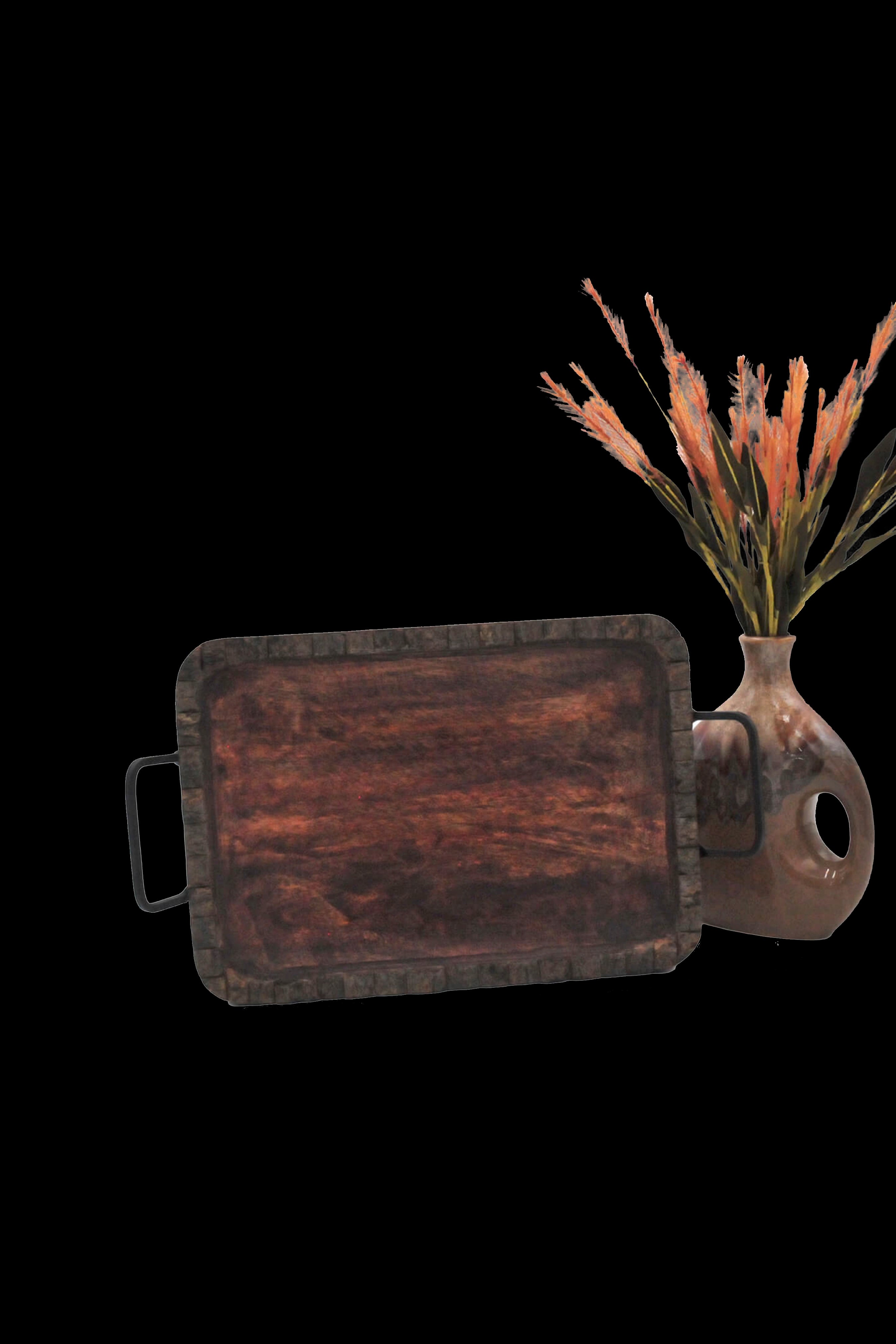Rustic wooden rolling tray with a small vase of dried flowers beside it, against a black background.