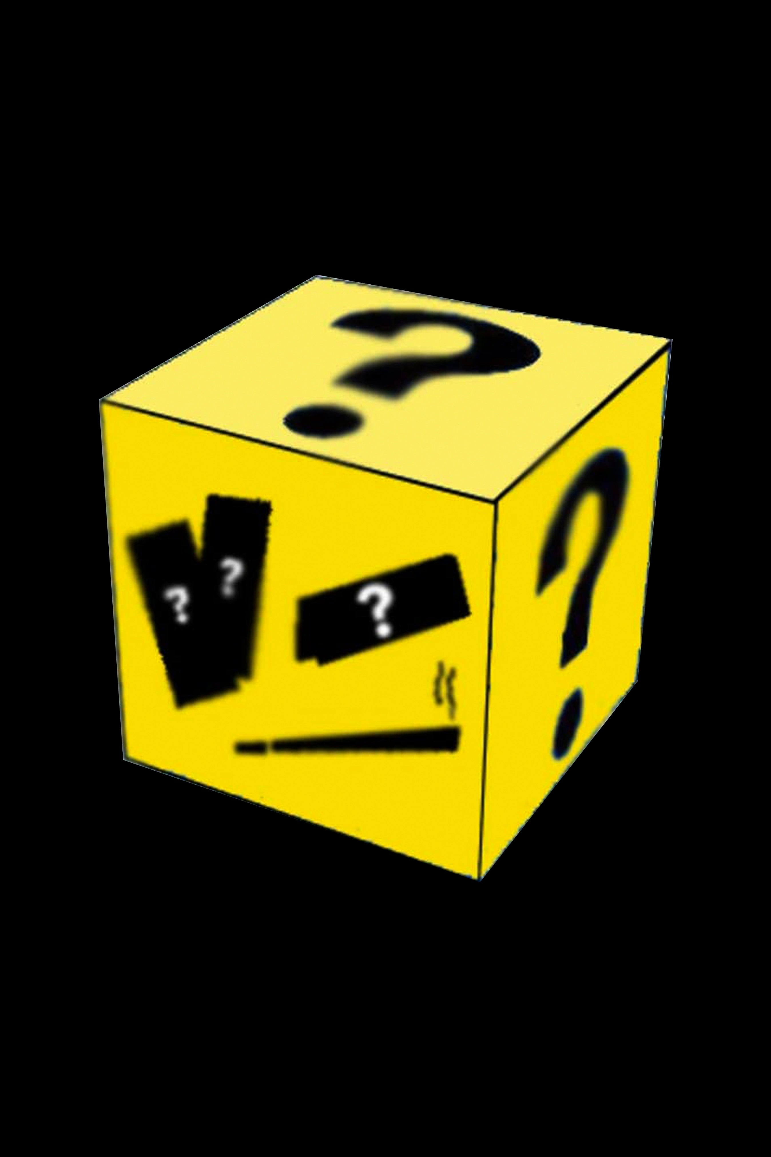 Yellow cube covered in black question marks, likely representing a mystery box or cannabis accessory selection.