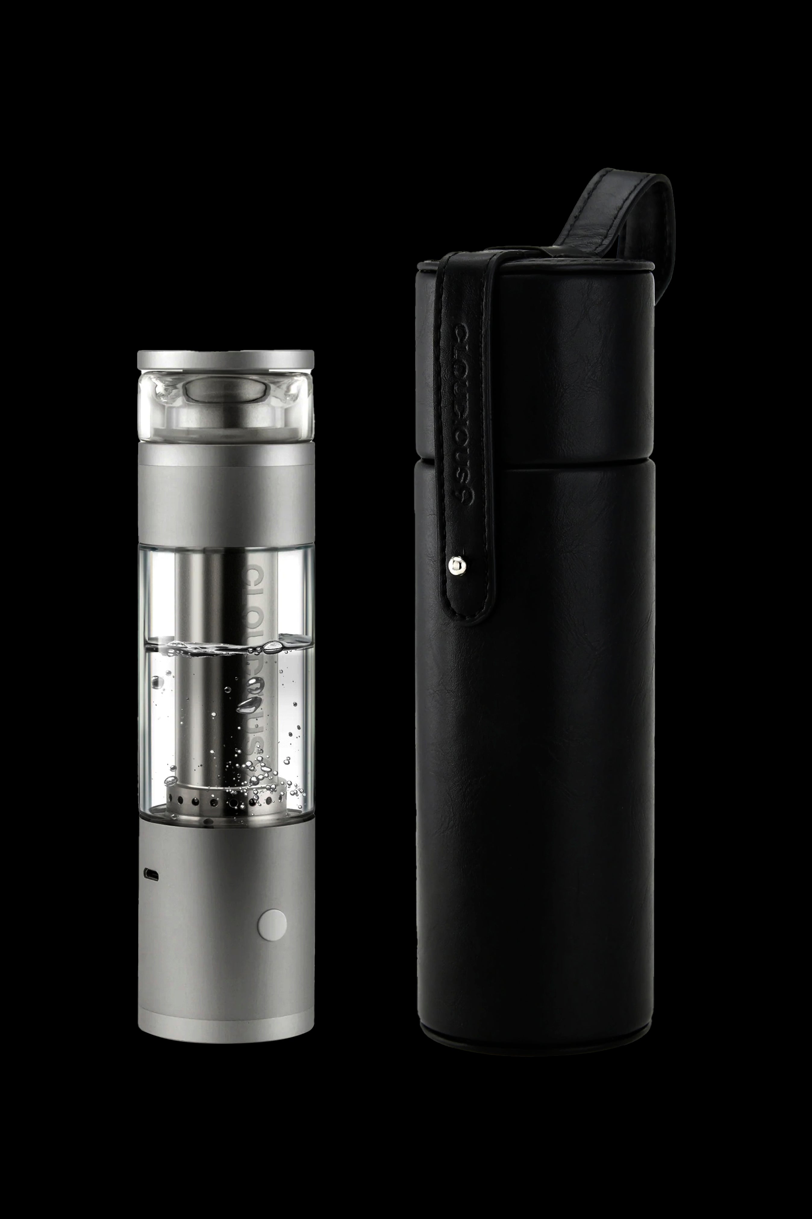 Silver and black cannabis e-rig with a carrying case, studio shot on a black background.