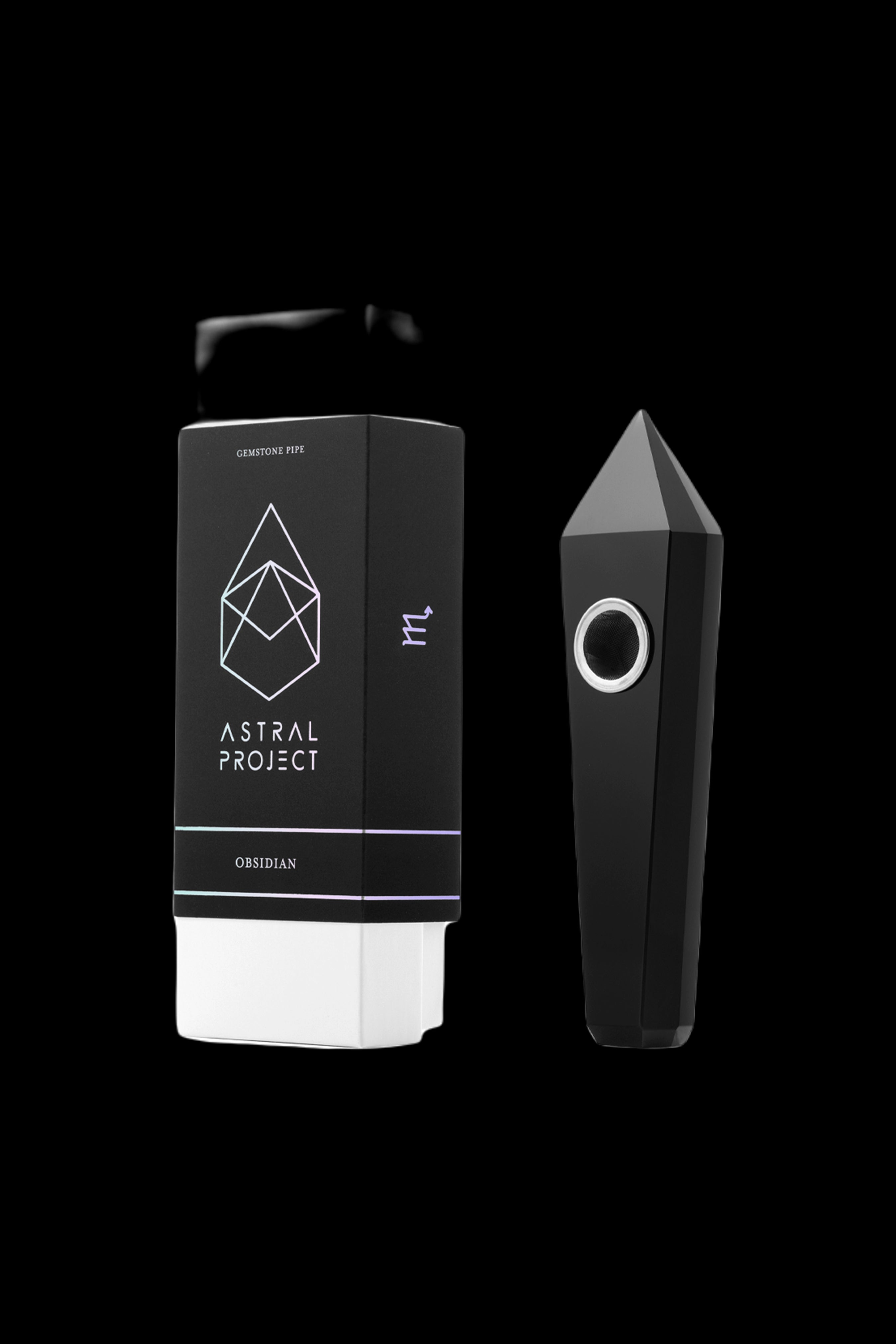 Black and white packaging for “Astral Project” obsidian gemstone pipe with a geometric design and the pipe itself, isolated on a black background.