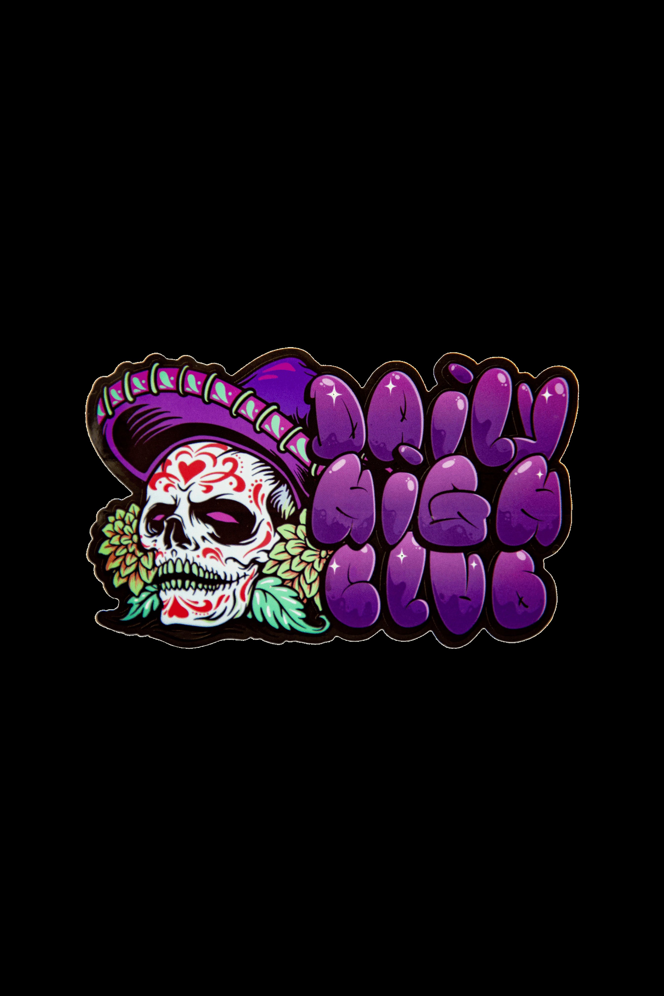 Colorful cartoon skull wearing a purple bandana, surrounded by cannabis buds spelling out “Daily High Club.”