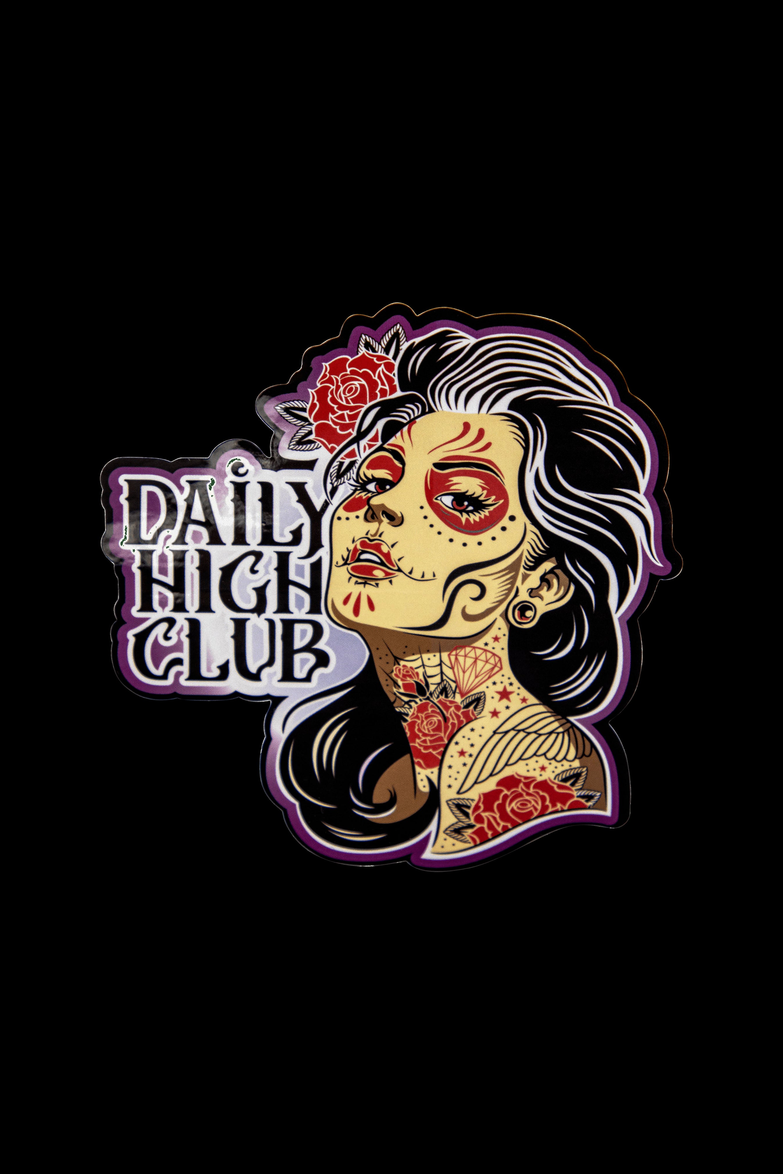 Day of the Dead-inspired tattoo-style illustration of a woman with floral details and the text “Daily High Club” in ornate lettering.