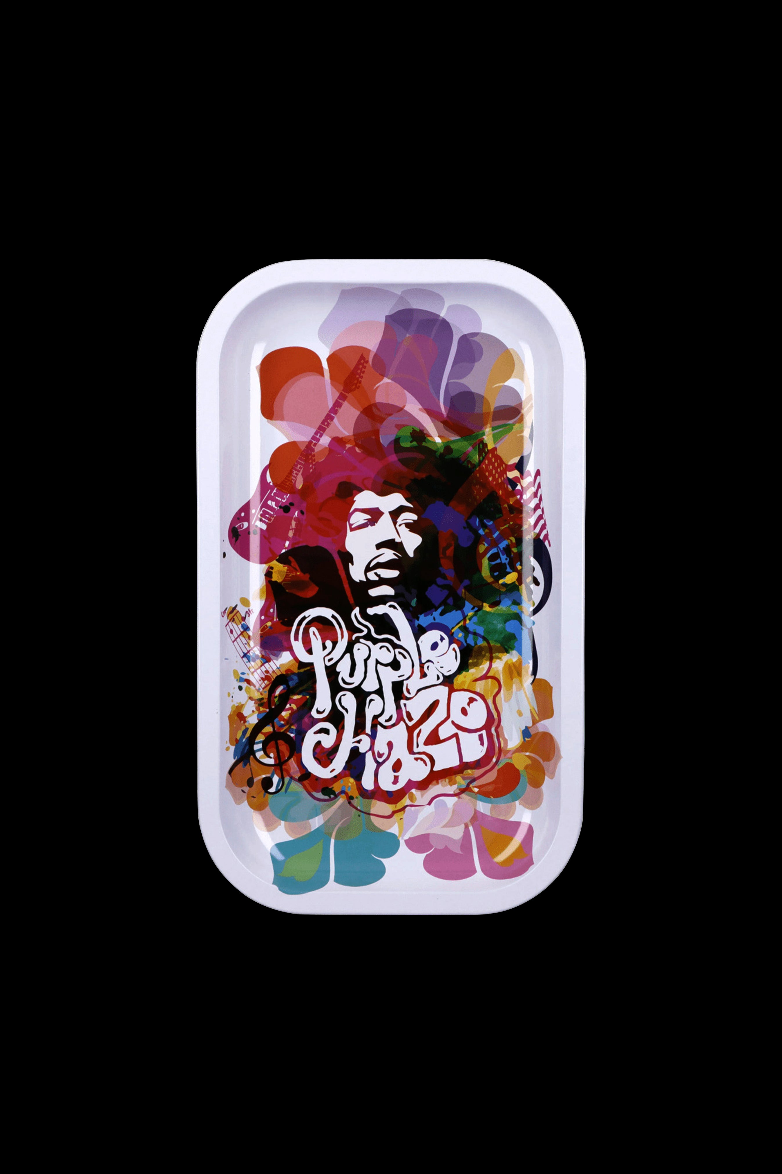A rectangular metal rolling tray with colorful, psychedelic artwork featuring a portrait of Bob Marley and the text "Purple Haze."