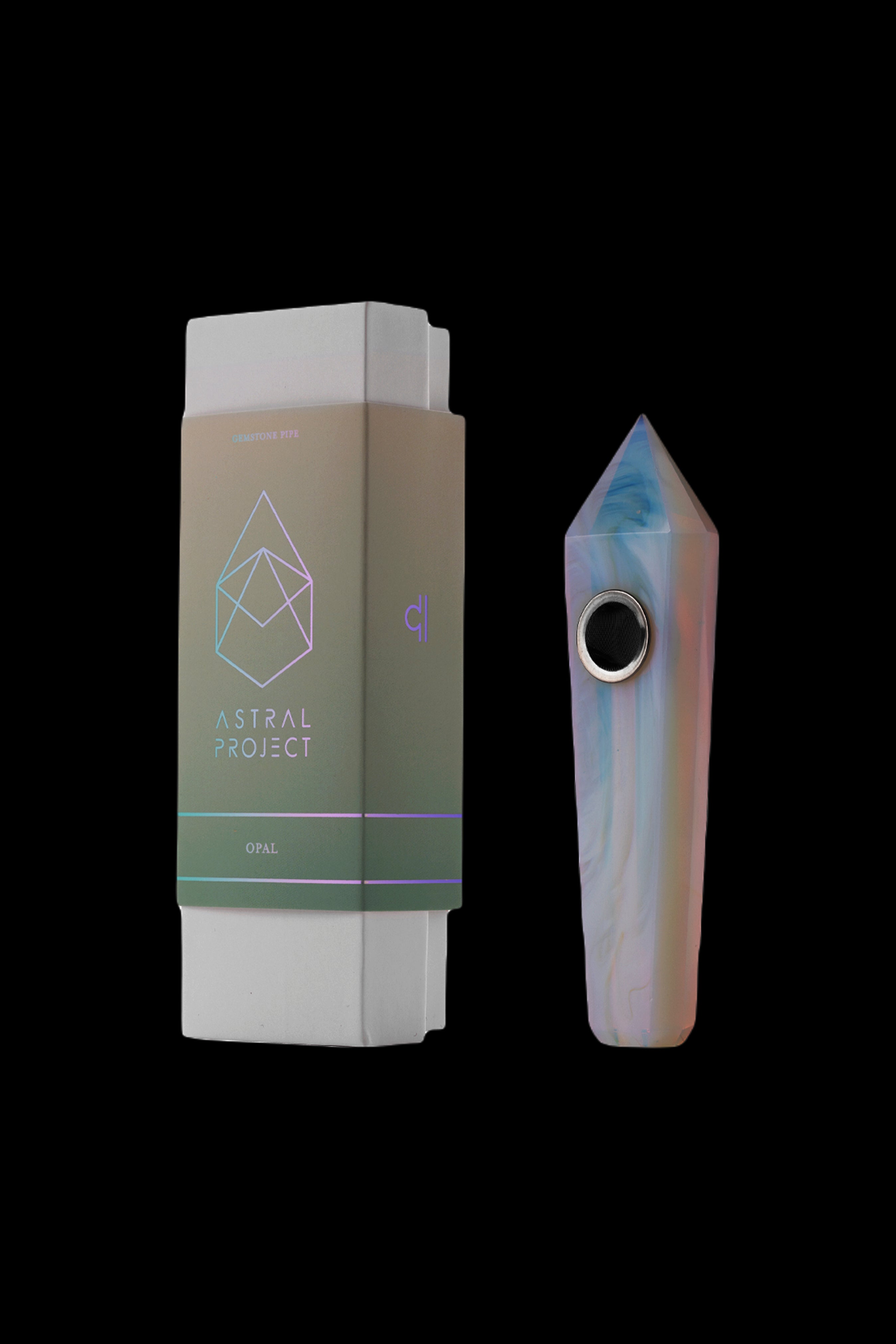 A box for “Astral Project” cannabis accessories alongside a colorful, crystal-shaped smoking pipe.