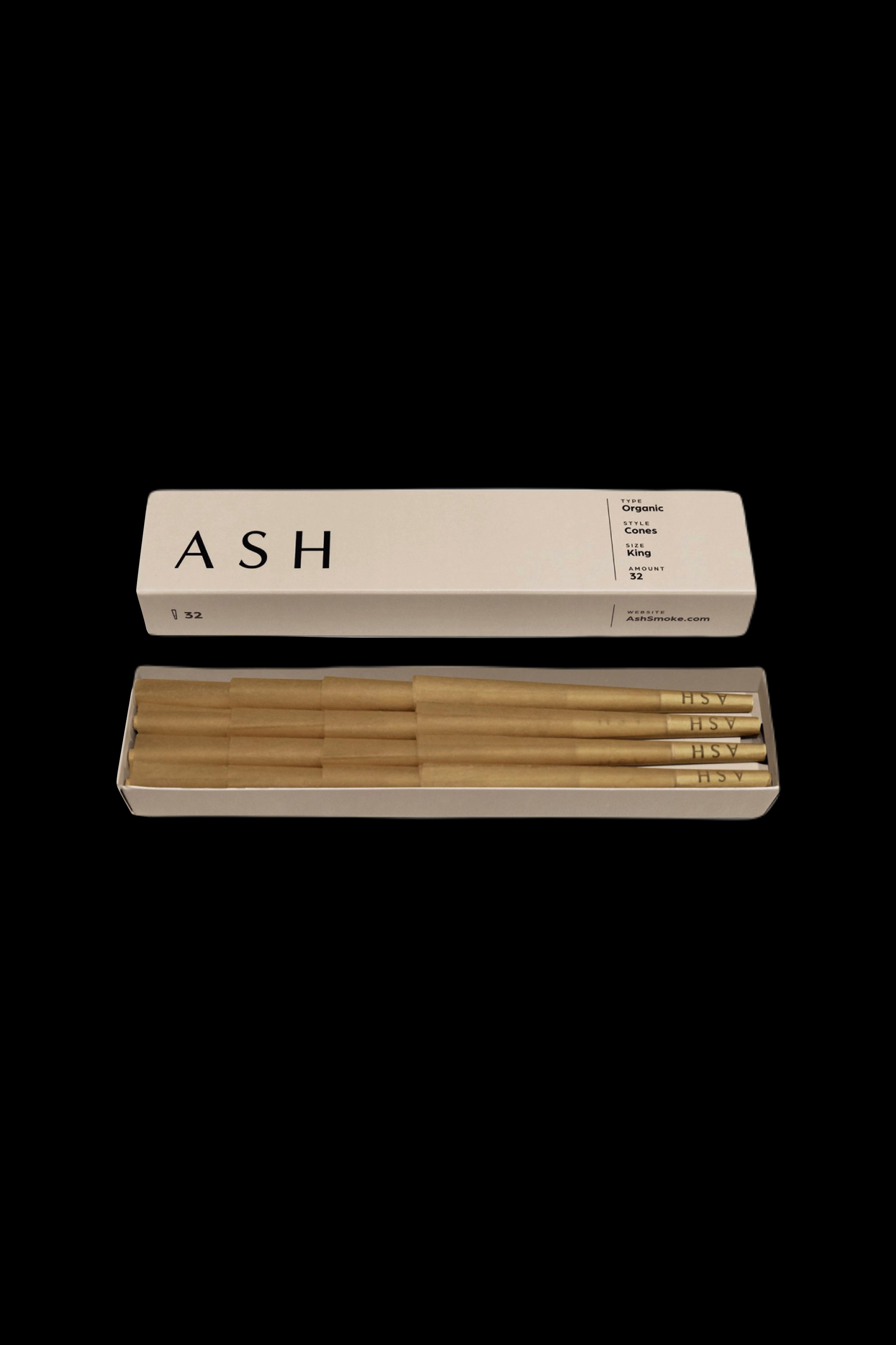 Pack of organic rolling cones branded “ASH” with a minimalist design.