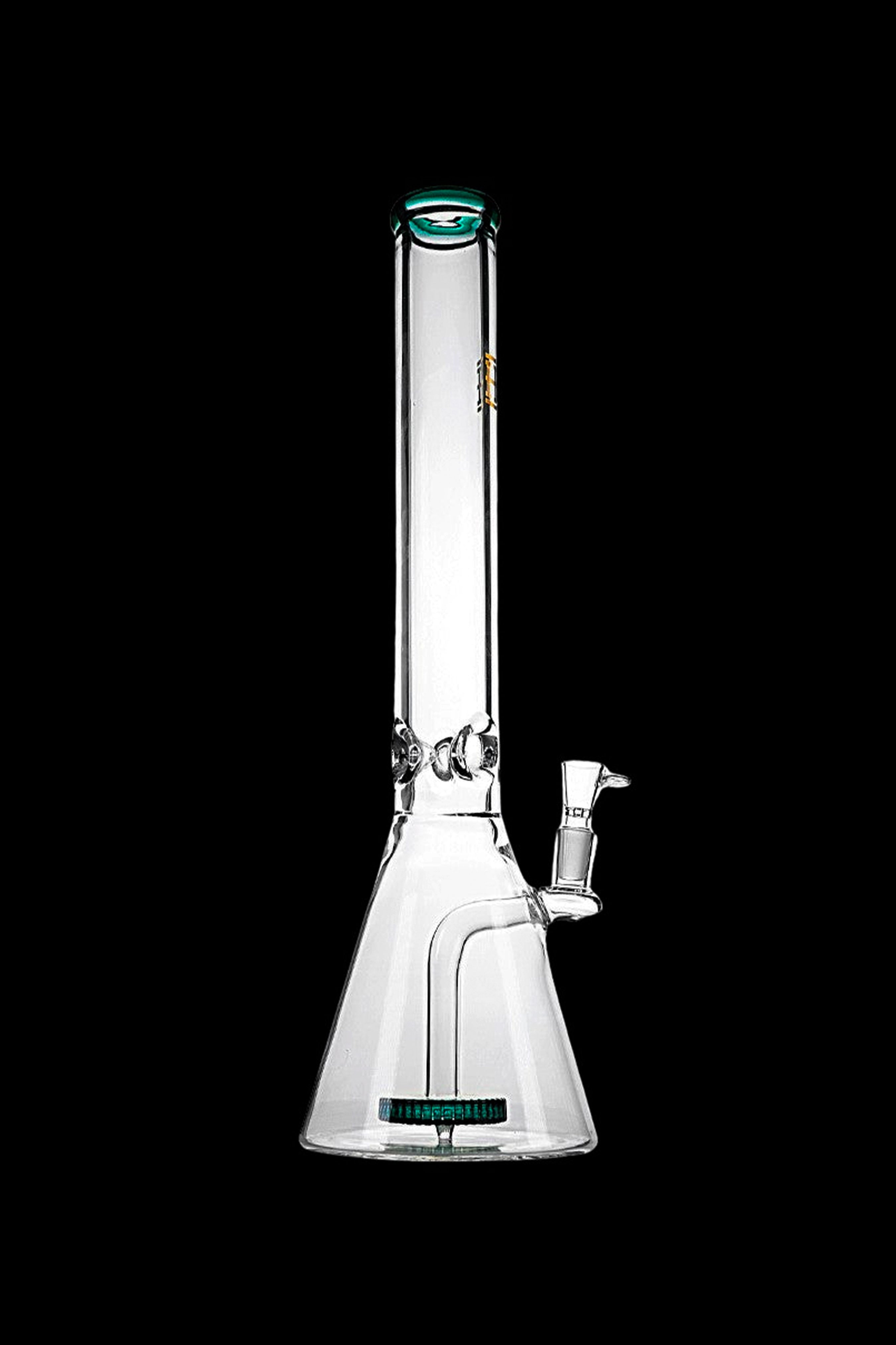 Clear glass bong with a wide base and intricate detailing.