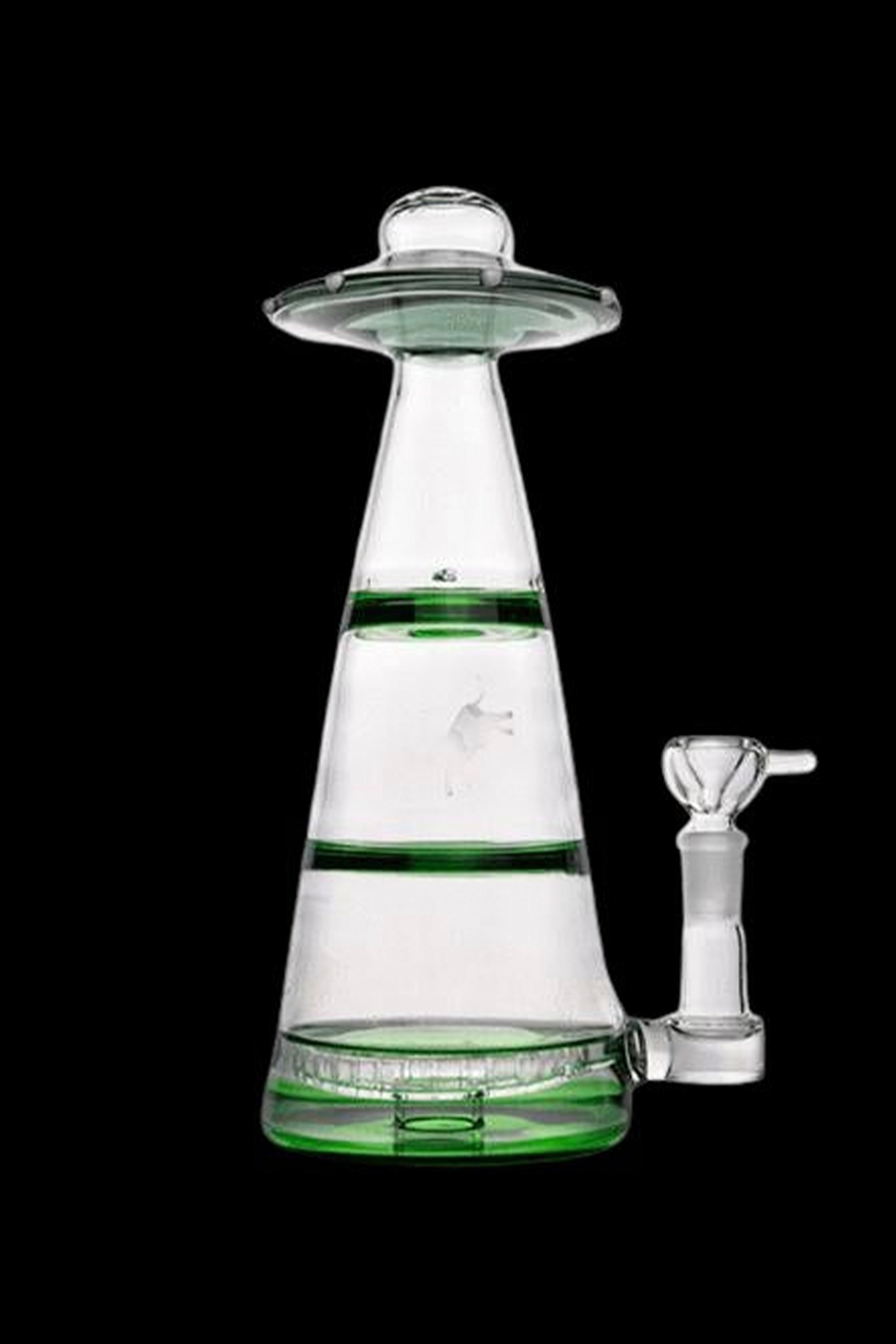 Green and clear glass water pipe shaped like a UFO with a glass bowl attachment.