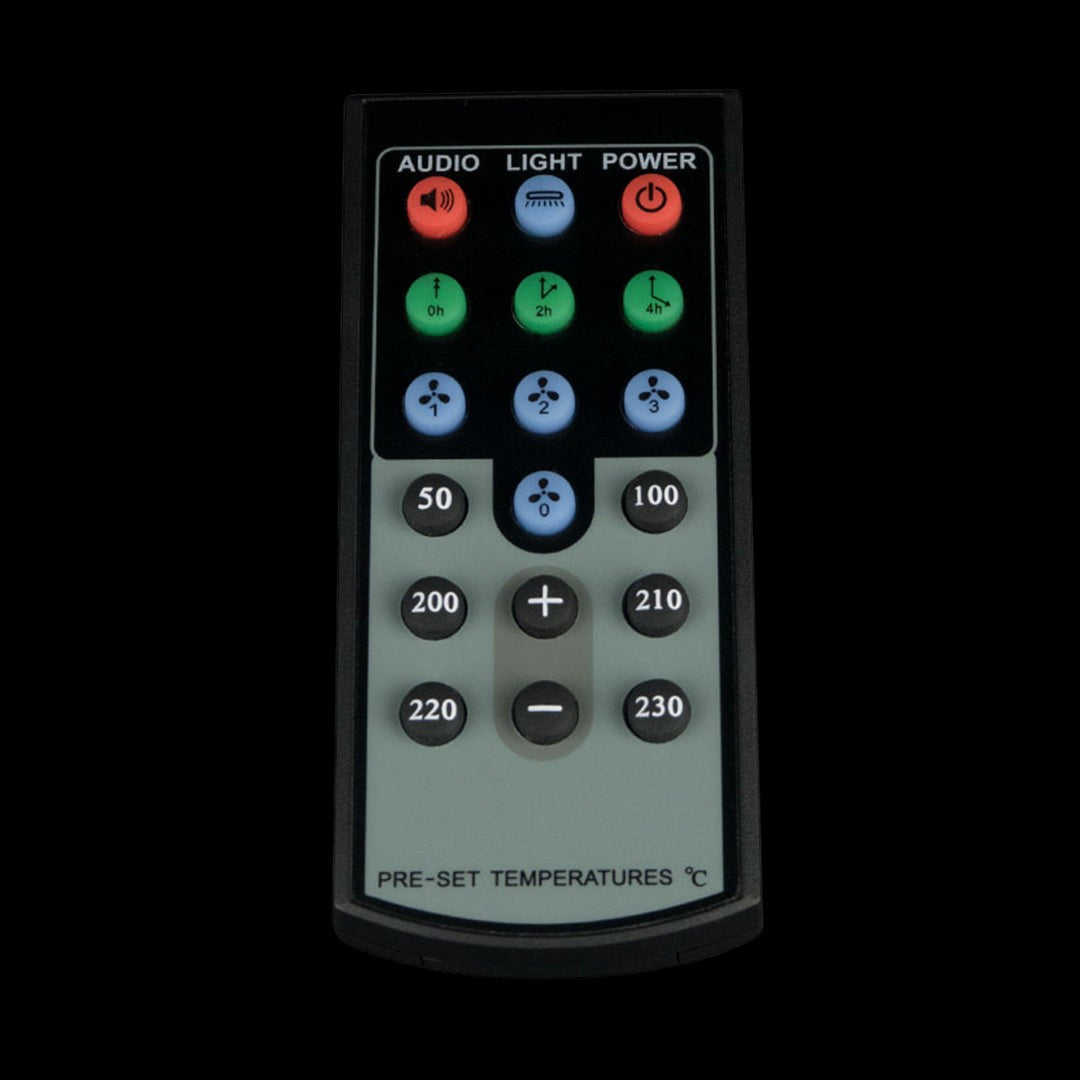 Remote control with temperature and timer settings for a cannabis vaporizer.