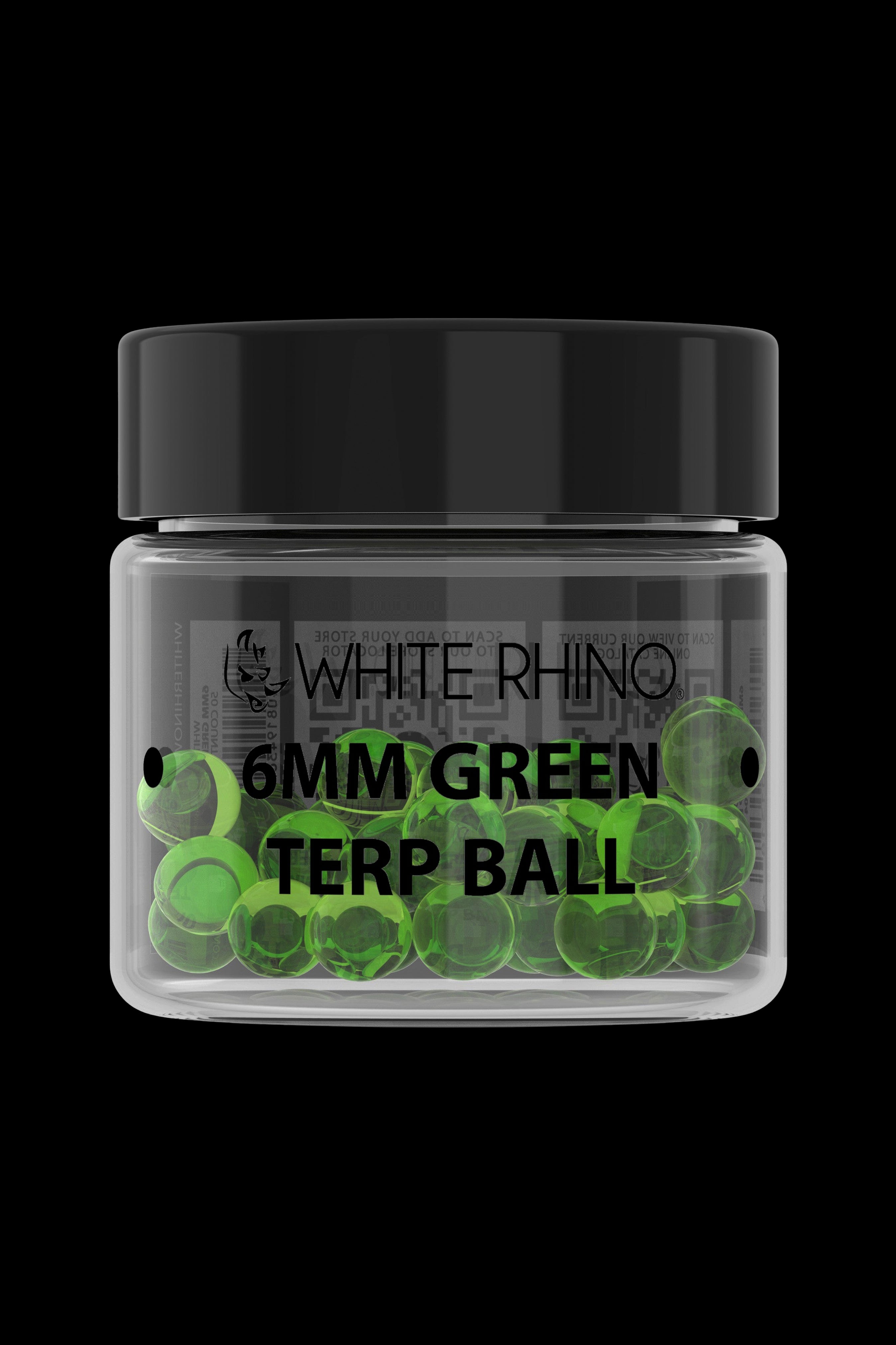 A jar of green cannabis terp balls labeled "White Rhino 6mm Terp Ball."