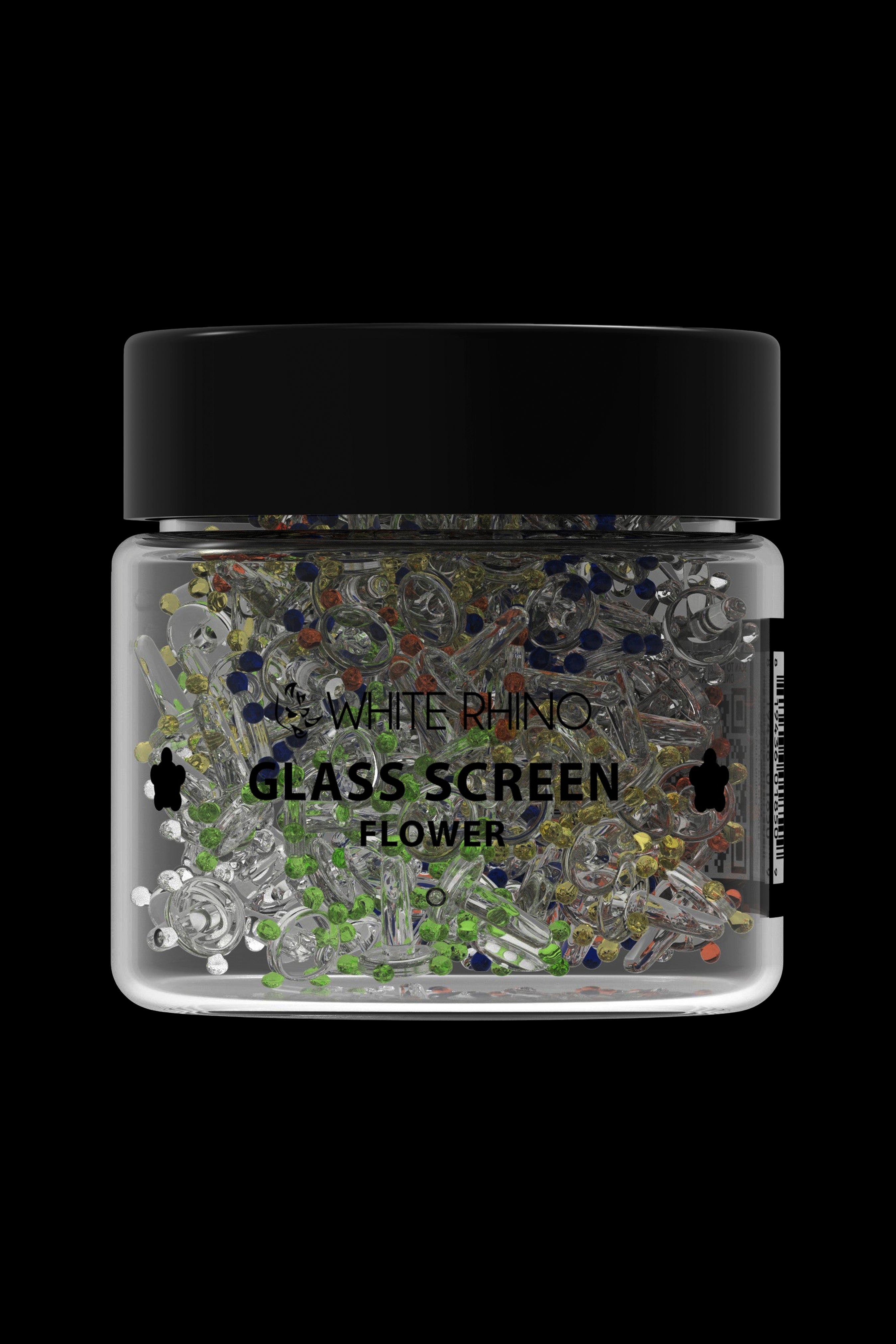 Jar of cannabis "flower" with colorful glass screen pieces inside, labeled "White Rhino."