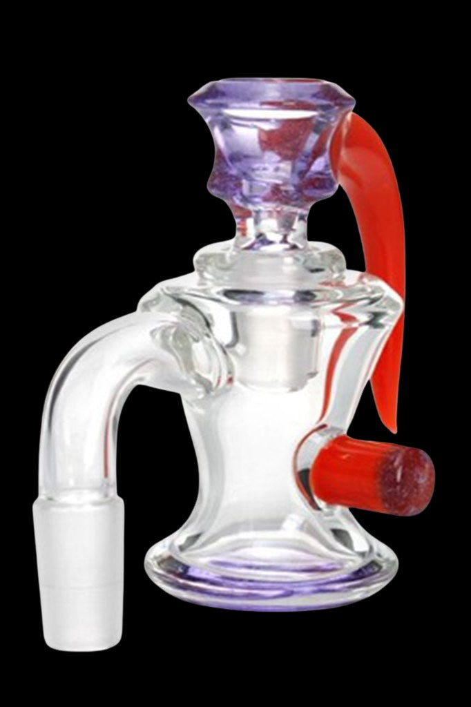 Glass cannabis water pipe with red and purple accents.