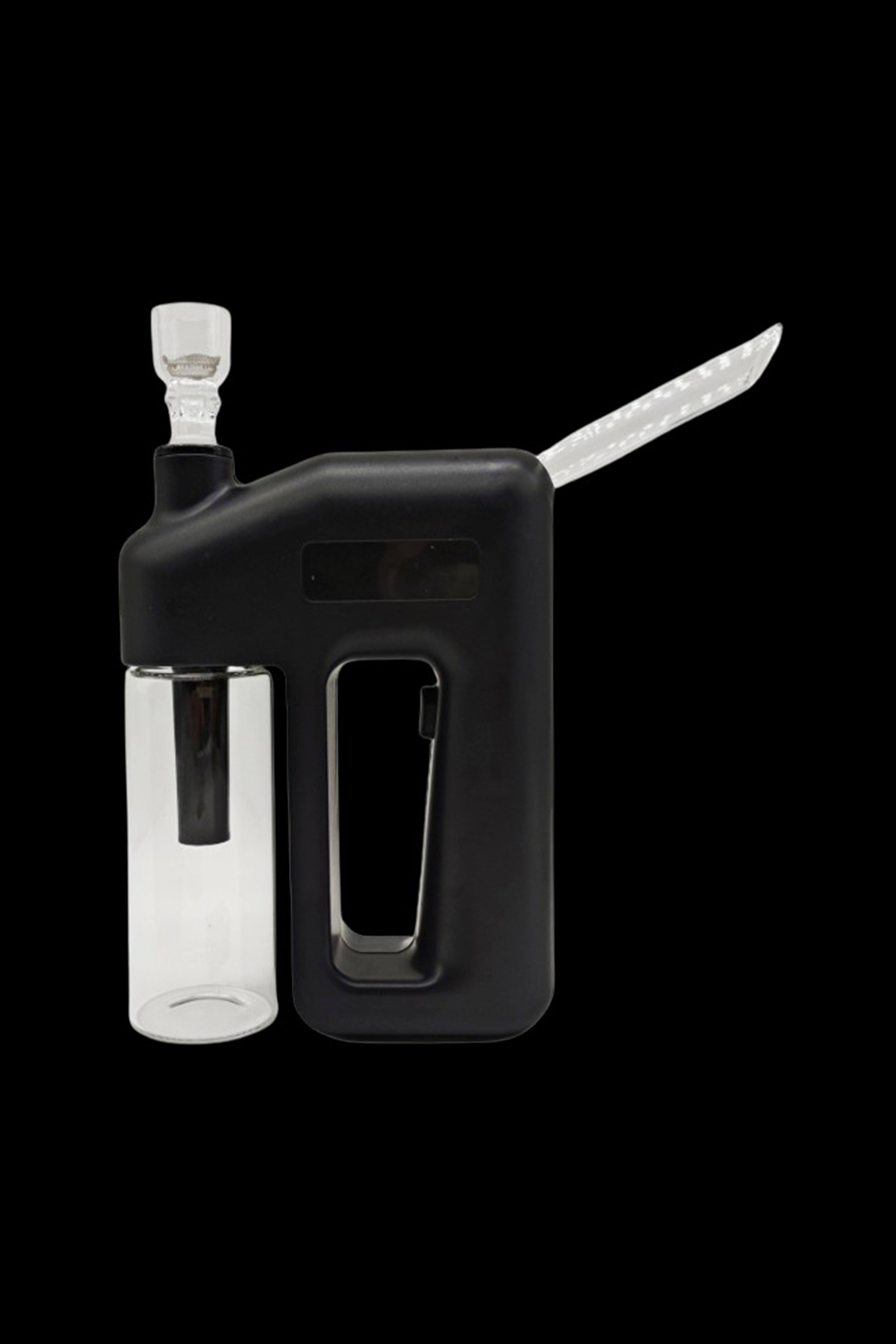 Black silicone e-rig with a glass water pipe attachment, studio shot.