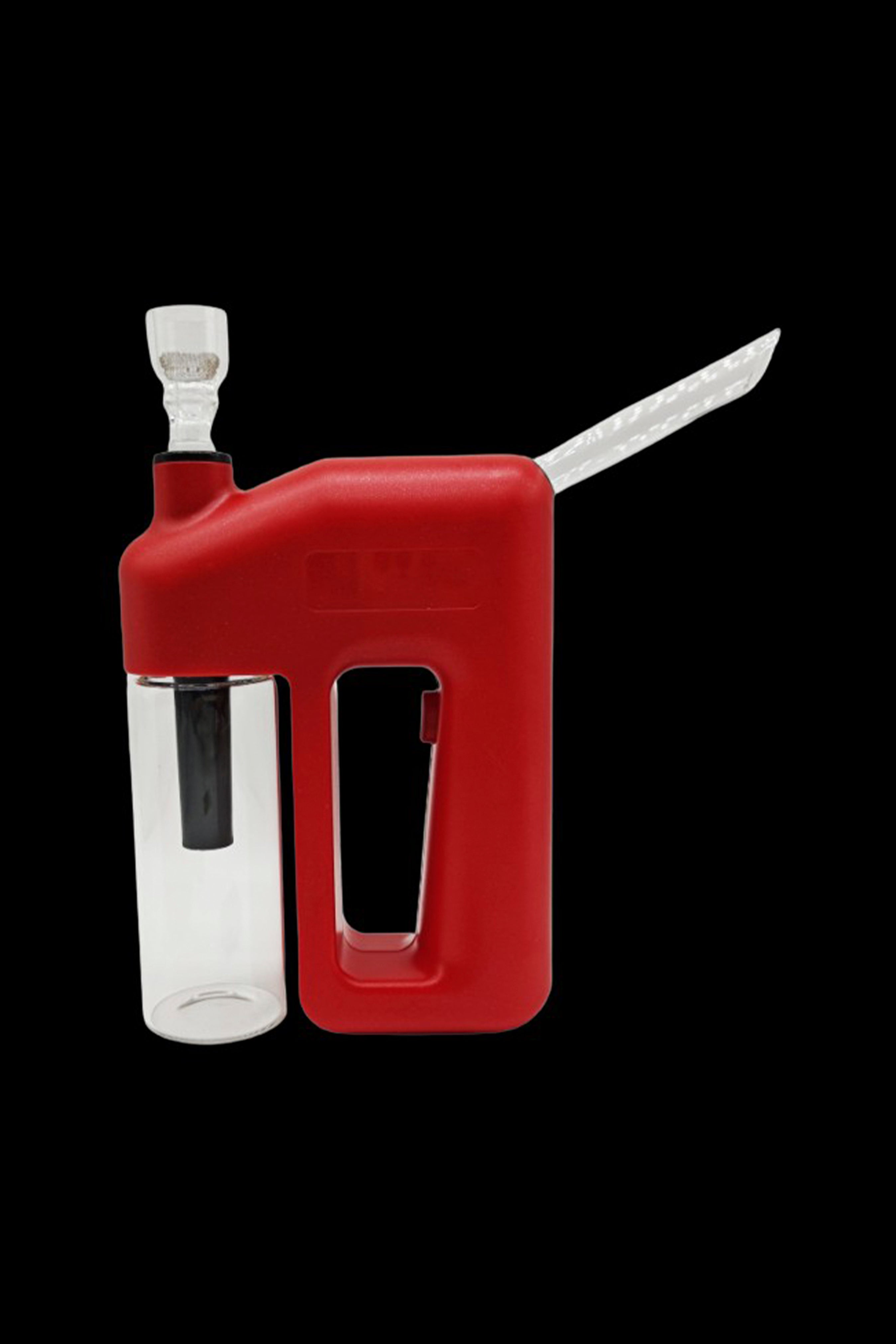 Red silicone dab rig with glass water pipe and carb cap.