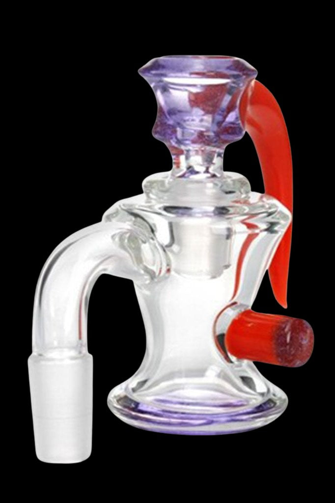 Glass cannabis water pipe with purple and red accents.