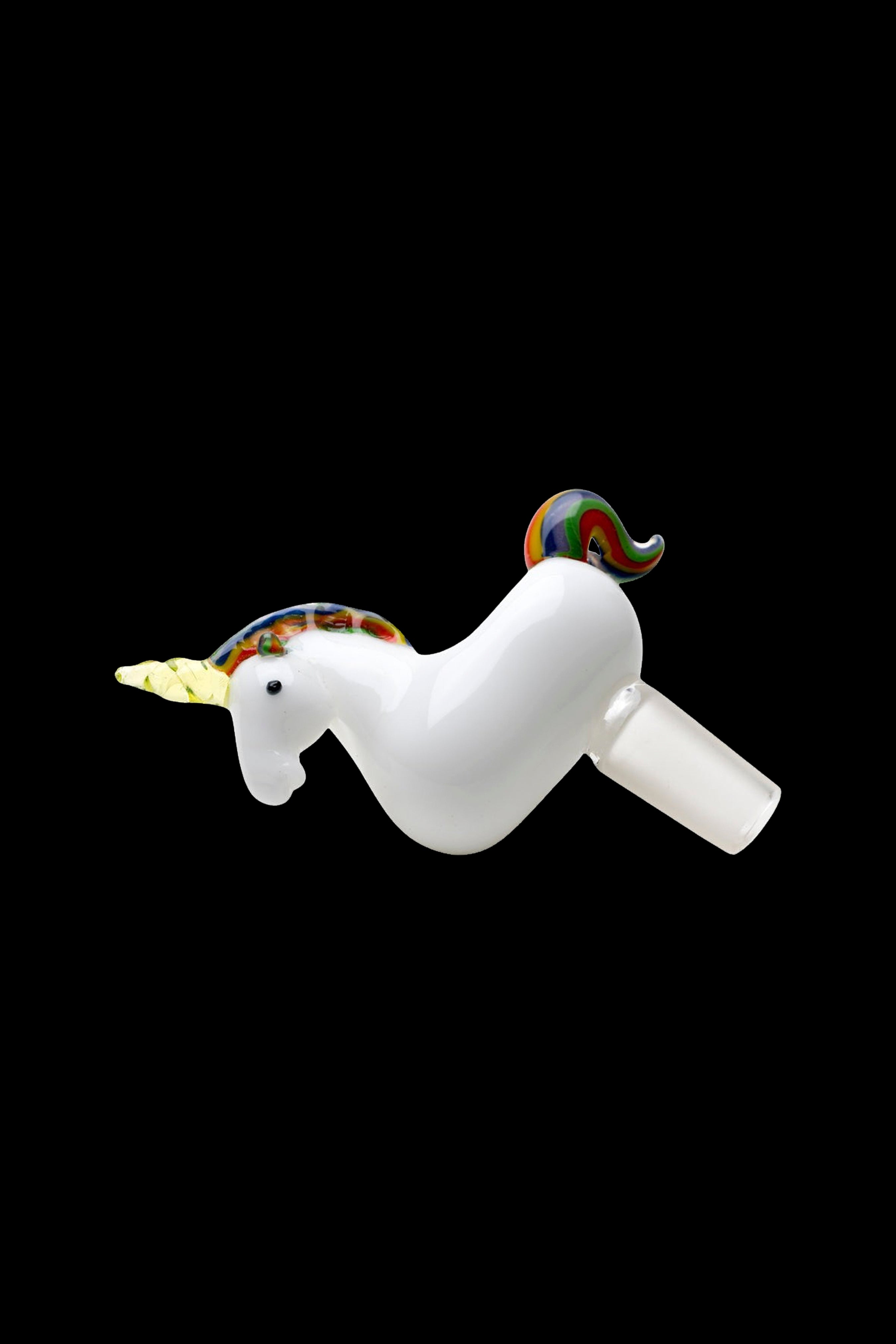 Glass unicorn-shaped cannabis pipe with a rainbow mane and tail.