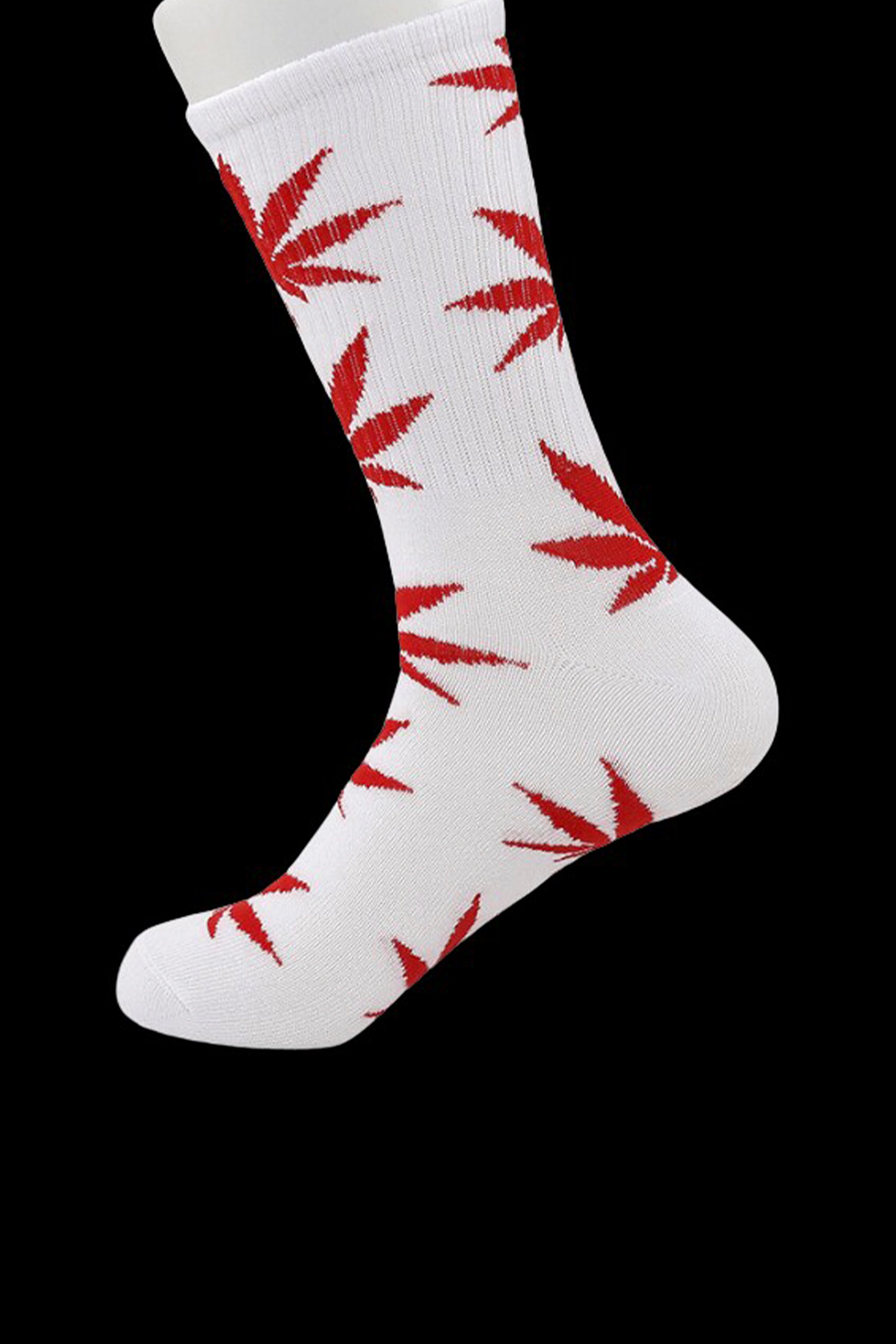 White crew sock with a repeating red cannabis leaf pattern.