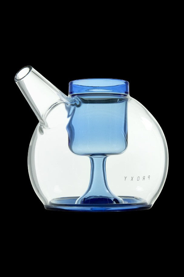 Blue glass water pipe with spherical base and removable downstem.