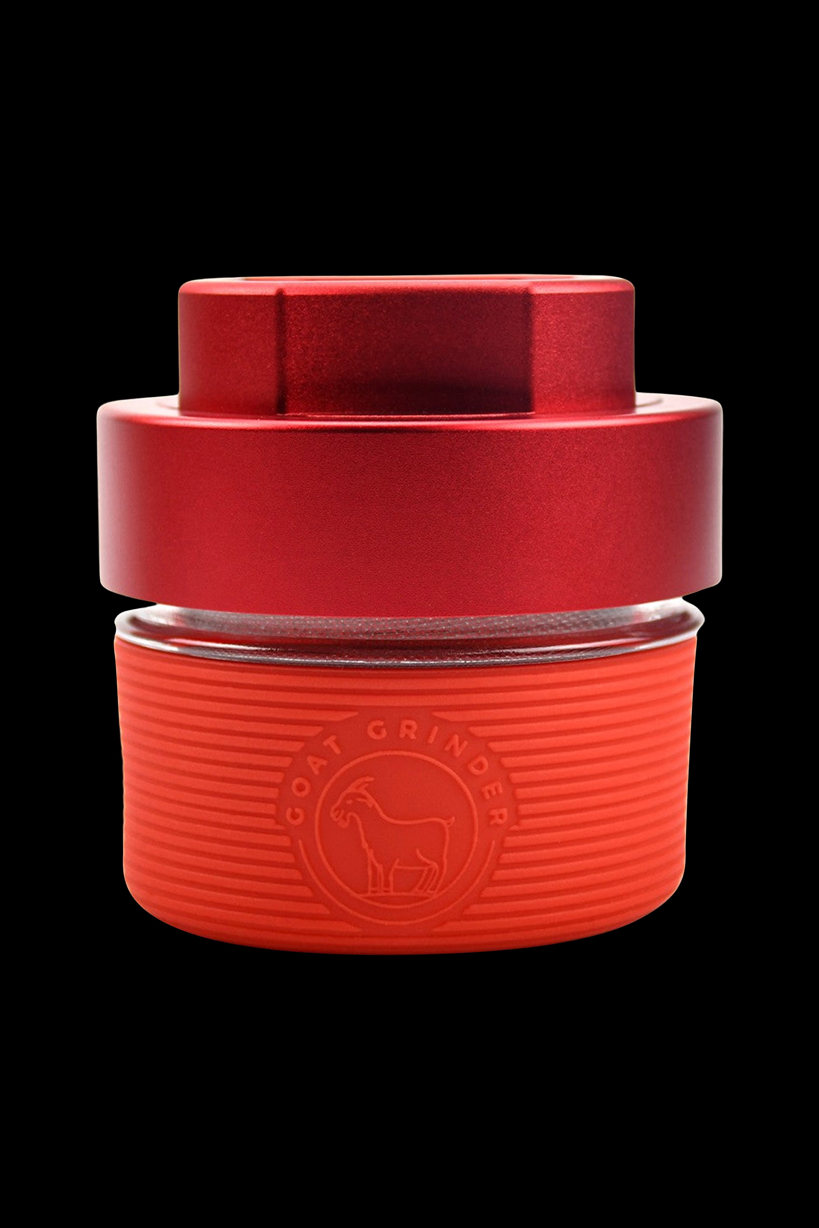 Red cannabis grinder with a goat logo.