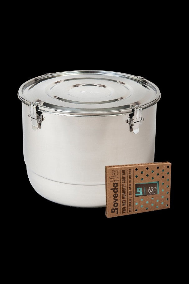 Glass storage jar with a humidity control packet for cannabis preservation.