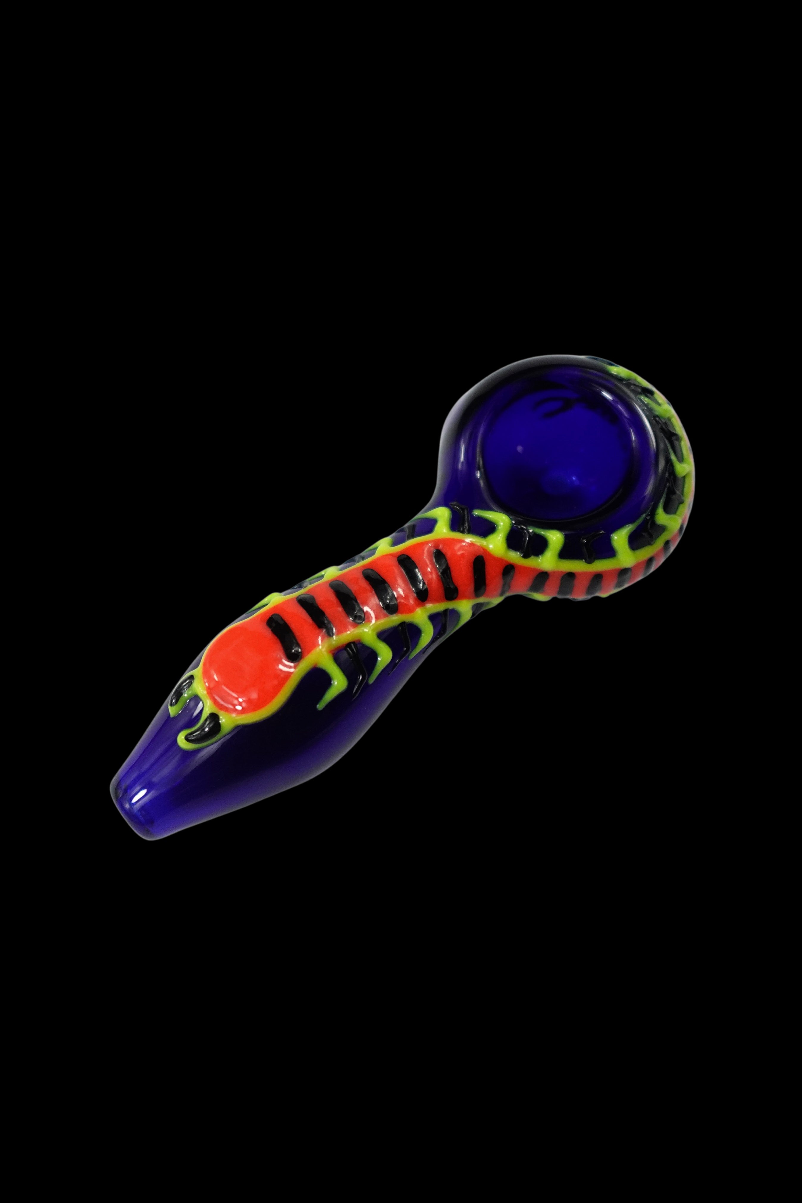 Colorful glass smoking pipe against a black background.