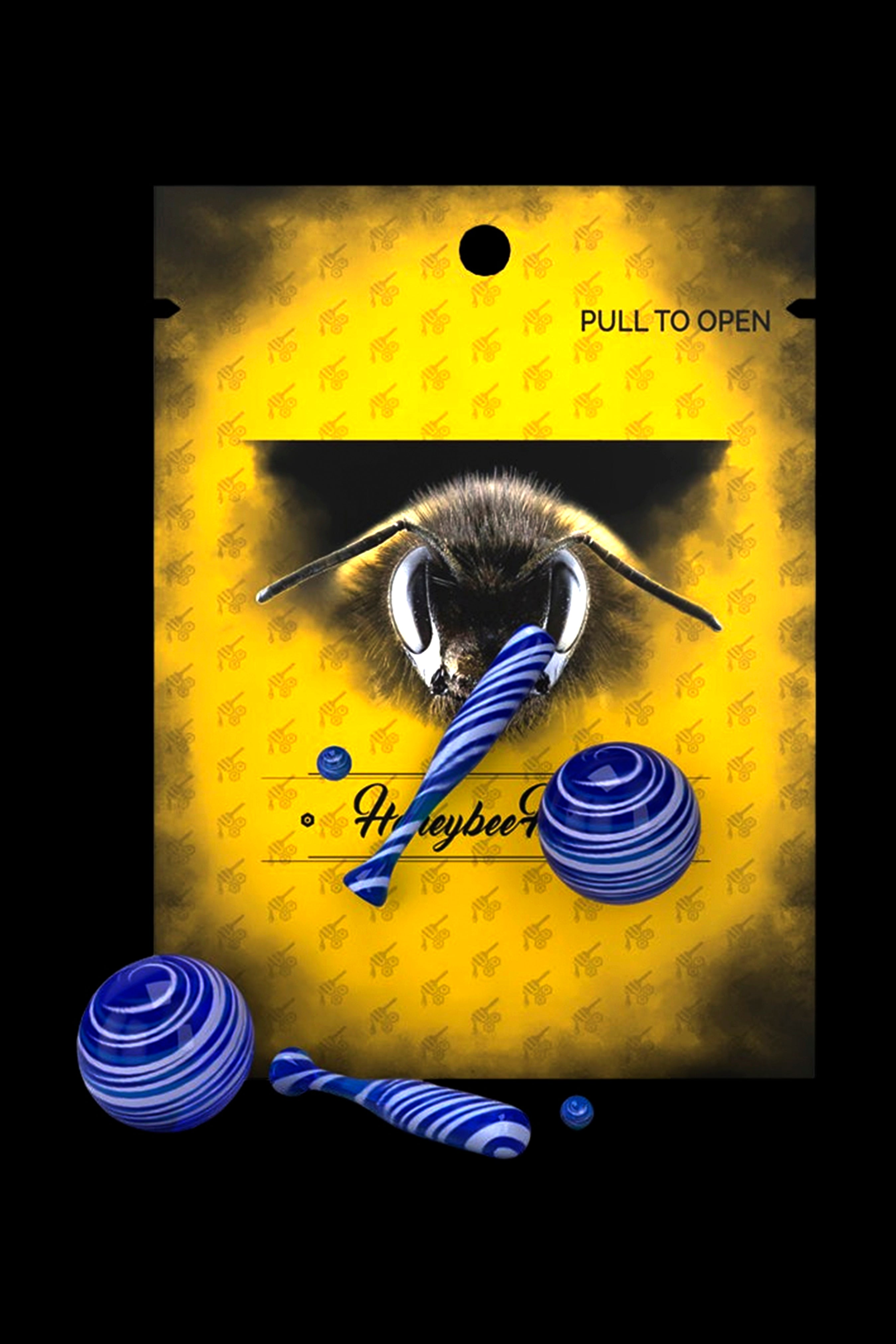 Yellow cannabis packaging featuring a close-up of a bee and blue glass tips.