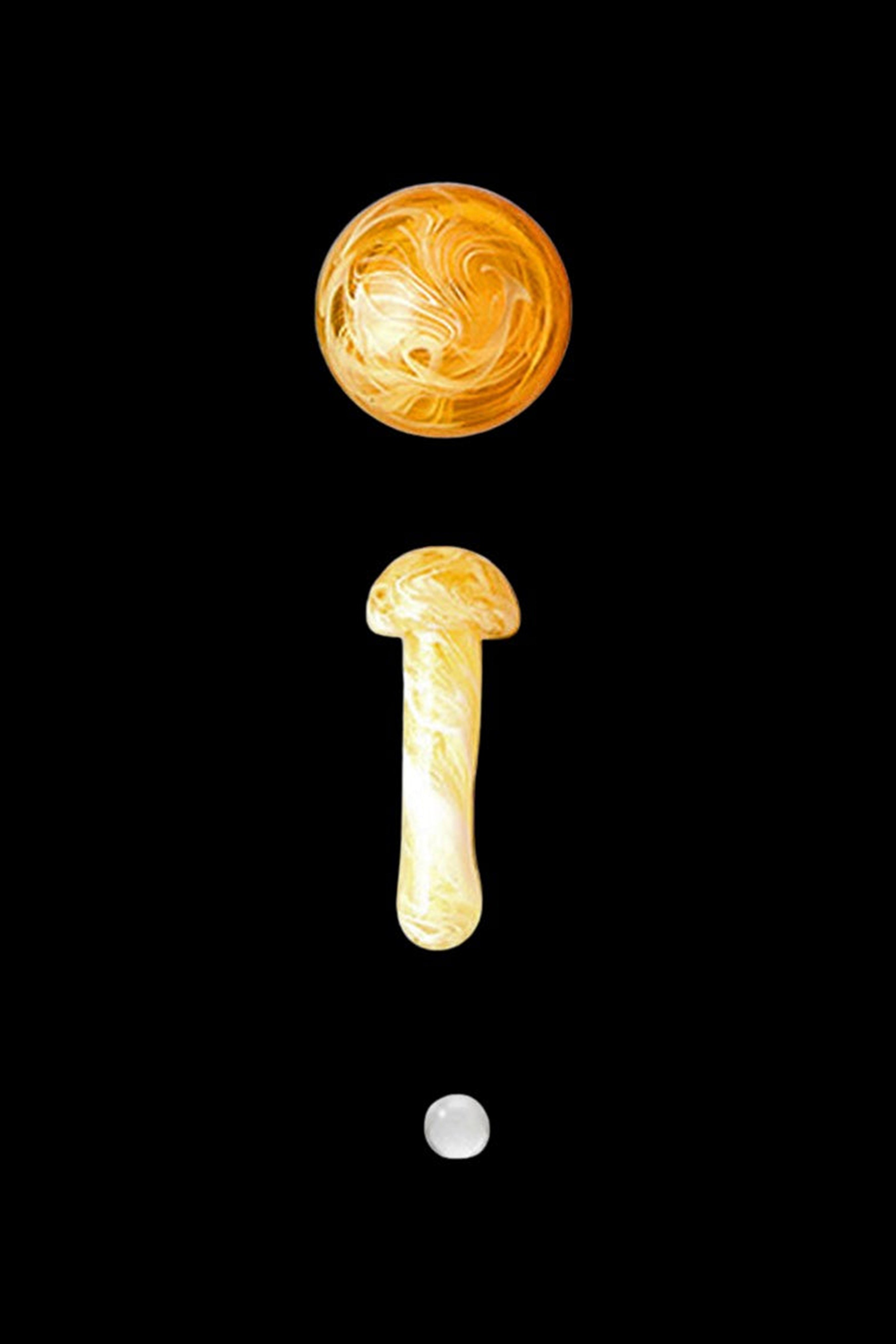 Golden cannabis bud, pipe, and ash tip stacked vertically on a black background.