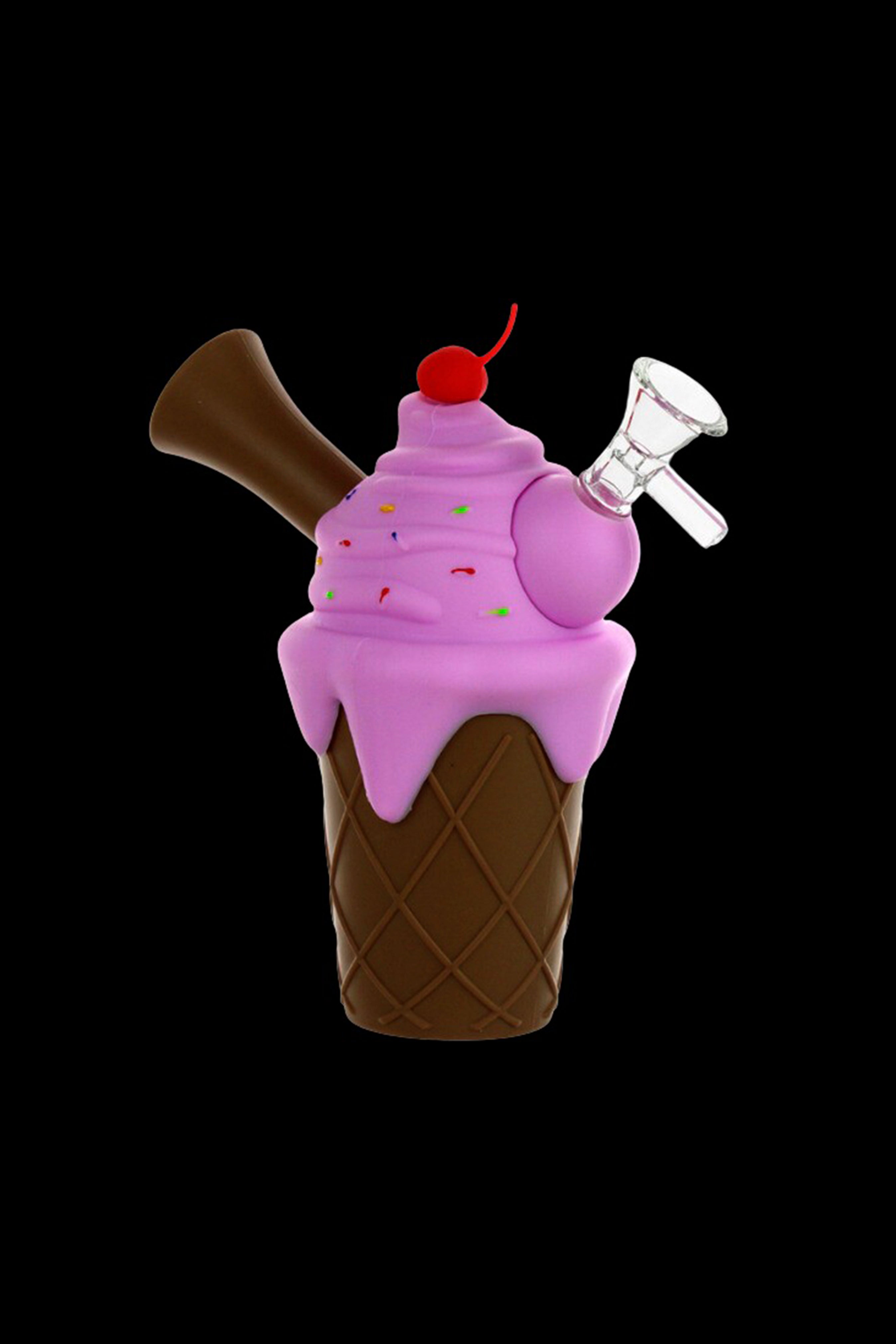 A 3D render of an ice cream cone-shaped water pipe with a chocolate swirl and cherry on top.