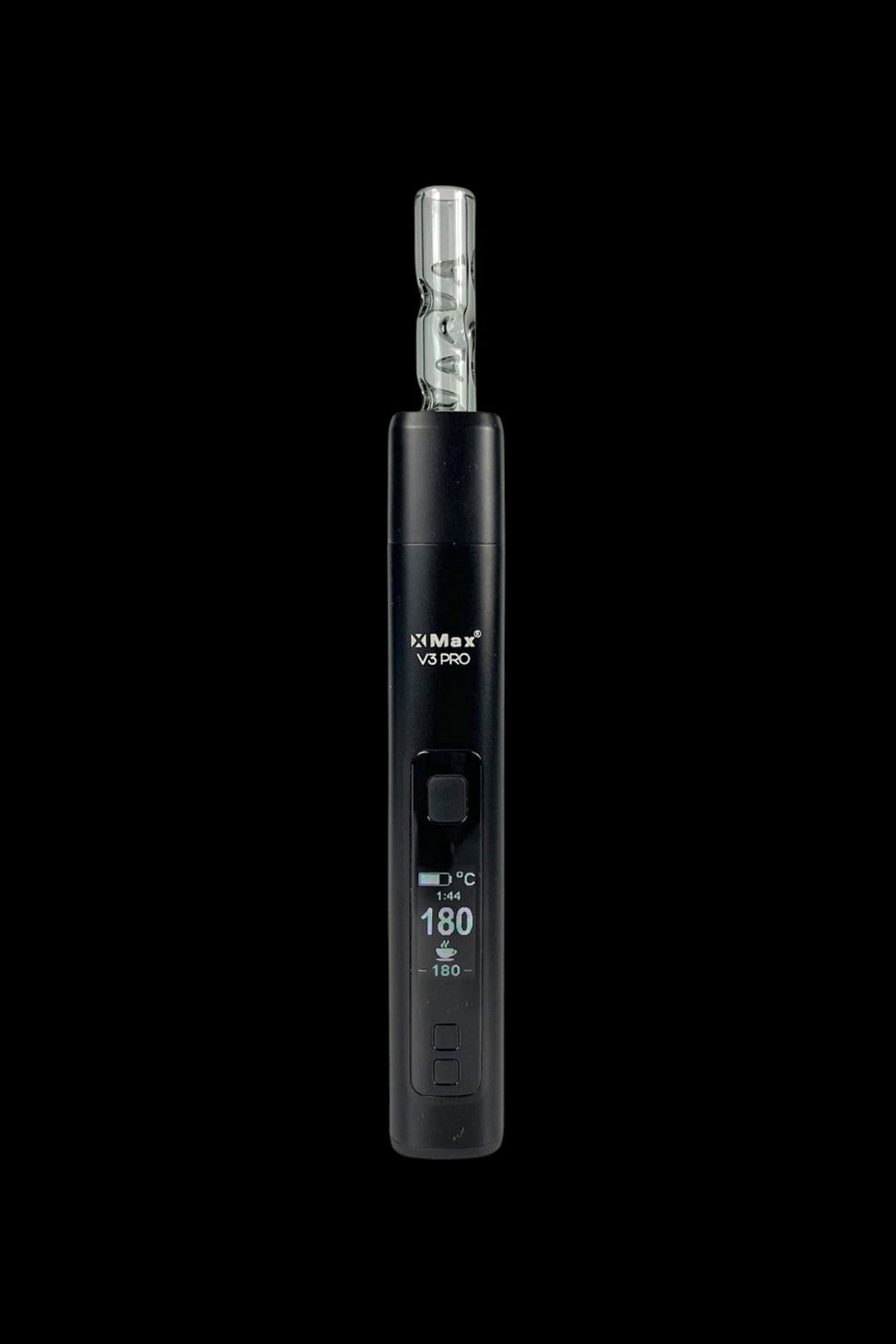 Black XMAX V3 Pro cannabis vaporizer with glass mouthpiece, displaying a temperature of 180°C on the digital screen.