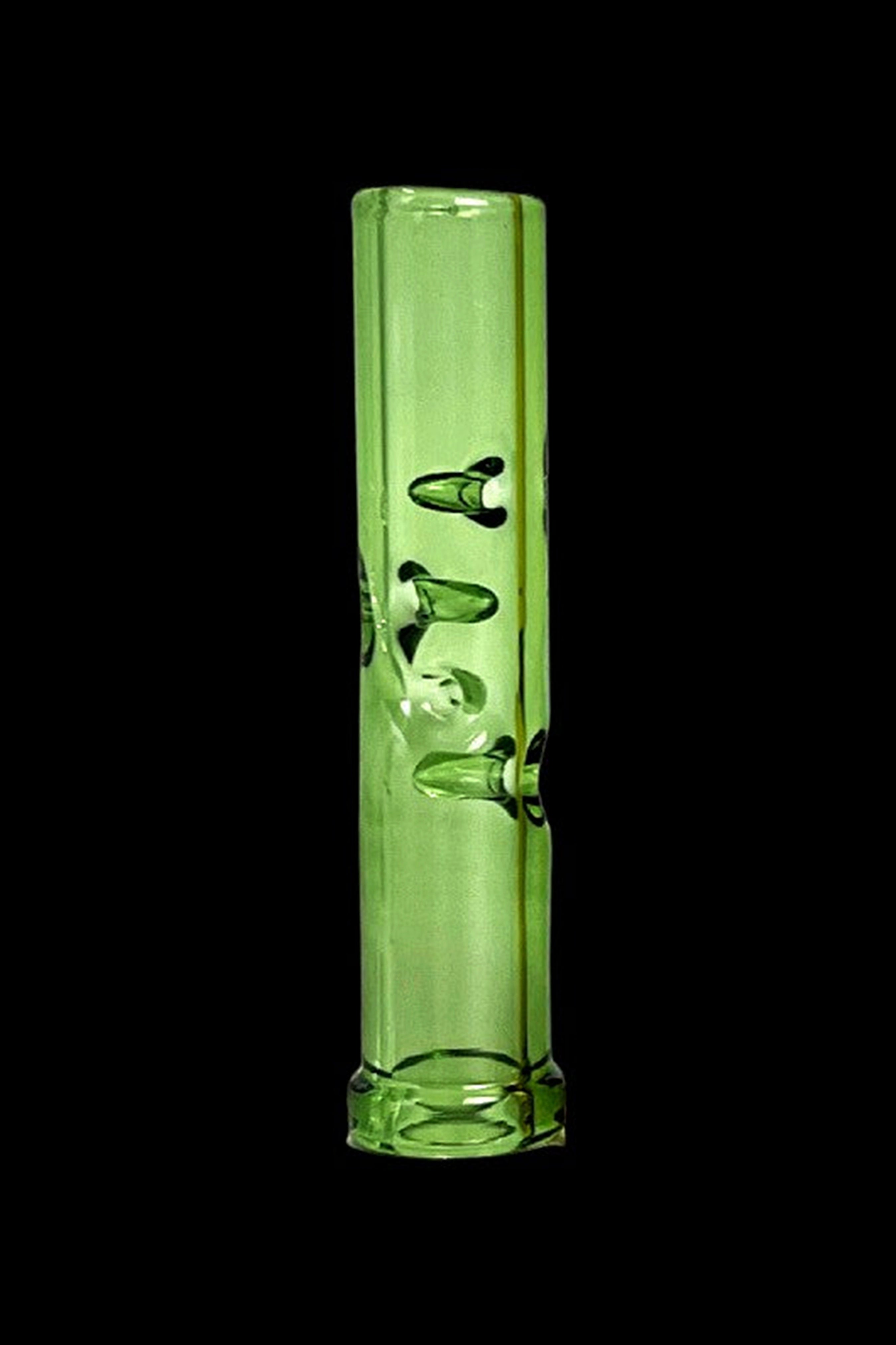Green glass cannabis bubbler with etched logo.