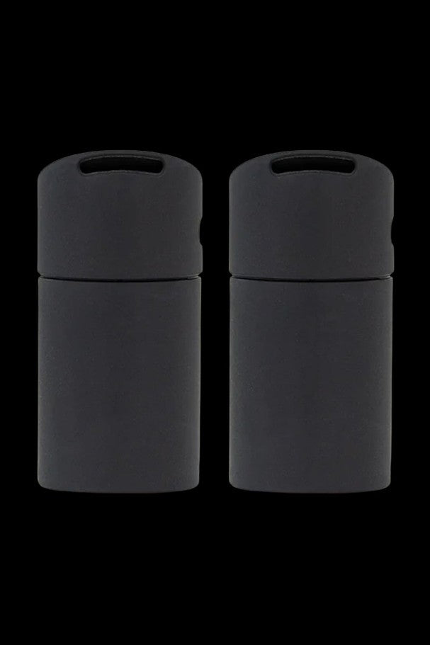 Two black silicone stash jars with airtight seals.