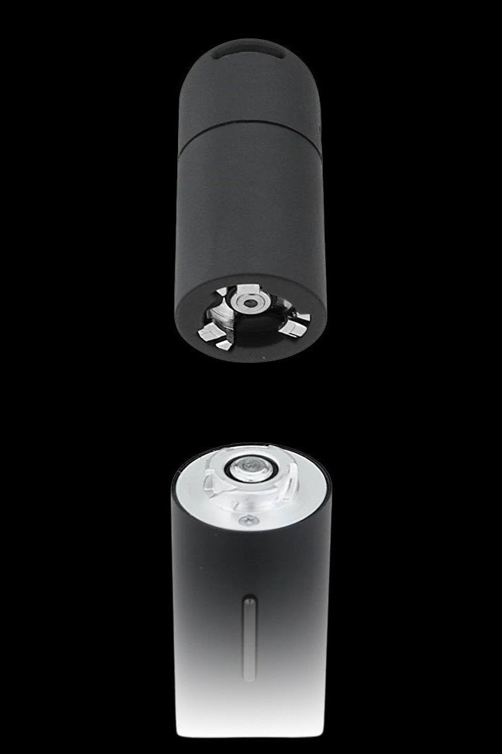 Black cannabis vaporizer pen shown with both ends exposed, one displaying the atomizer and the other the charging port.
