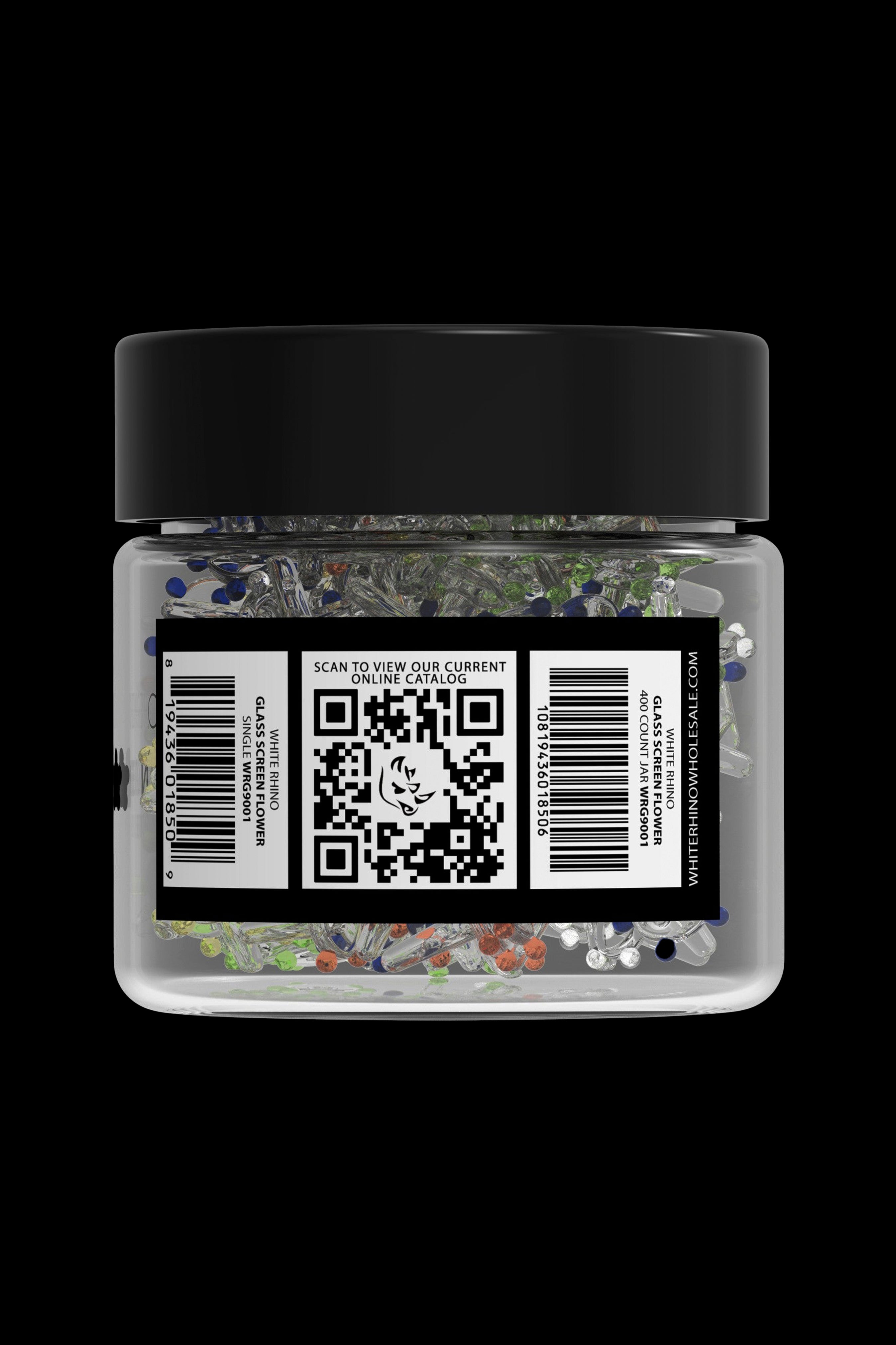 White Rhino cannabis product jar with a QR code for online catalog access.