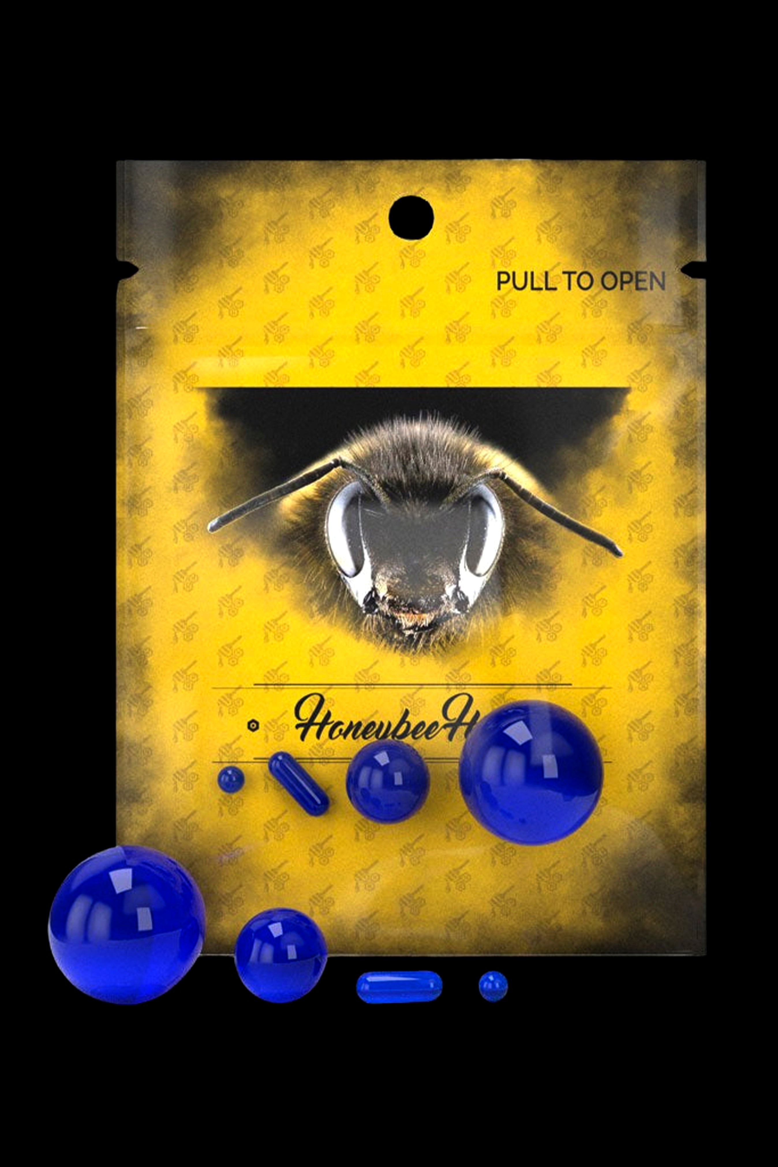 Yellow cannabis packaging with a bee graphic and blue capsules.