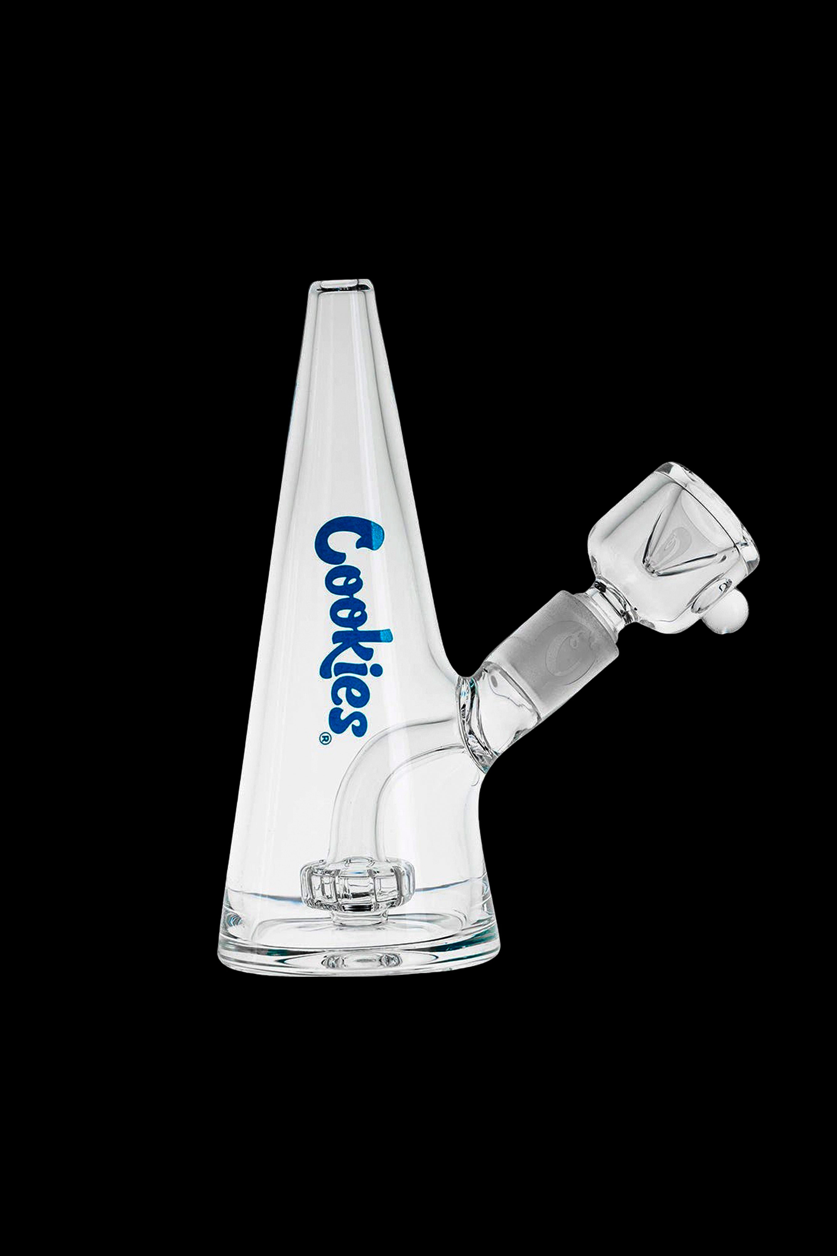 A clear glass water pipe (bong) with a triangular shape and “Cookies” branding.