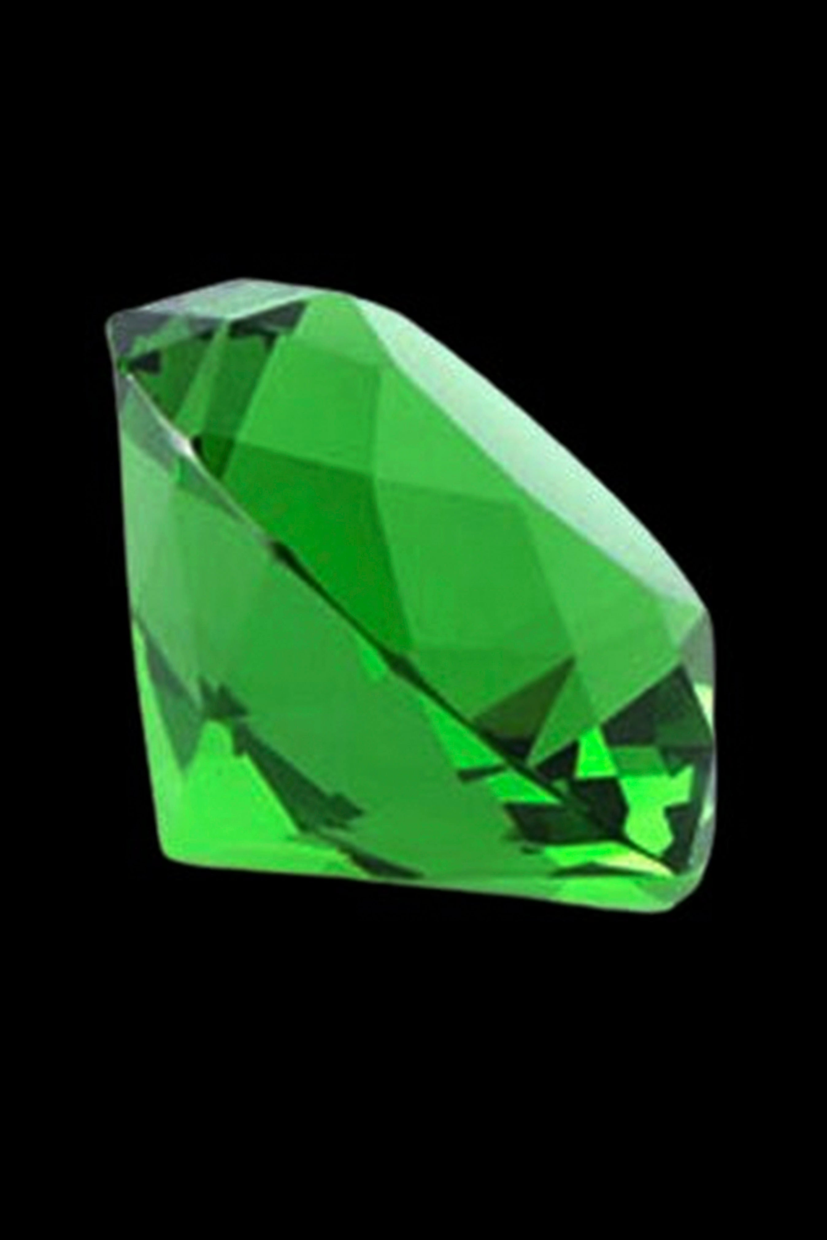 Close-up angled view of a faceted green glass cap against a black background, The Stash Shack Diamond Cut Glass Carb Cap.