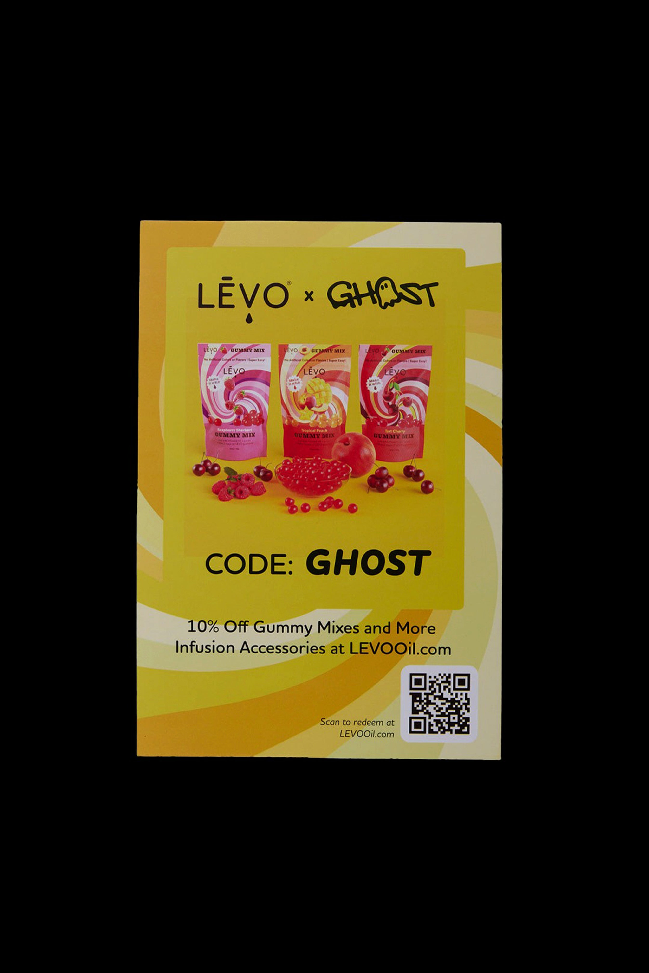 Promo graphic for LÉVO x GHOST collaboration featuring three gummy mix packages and a QR code, advertising 10% off with code “GHOST” at LEVOOil.com."