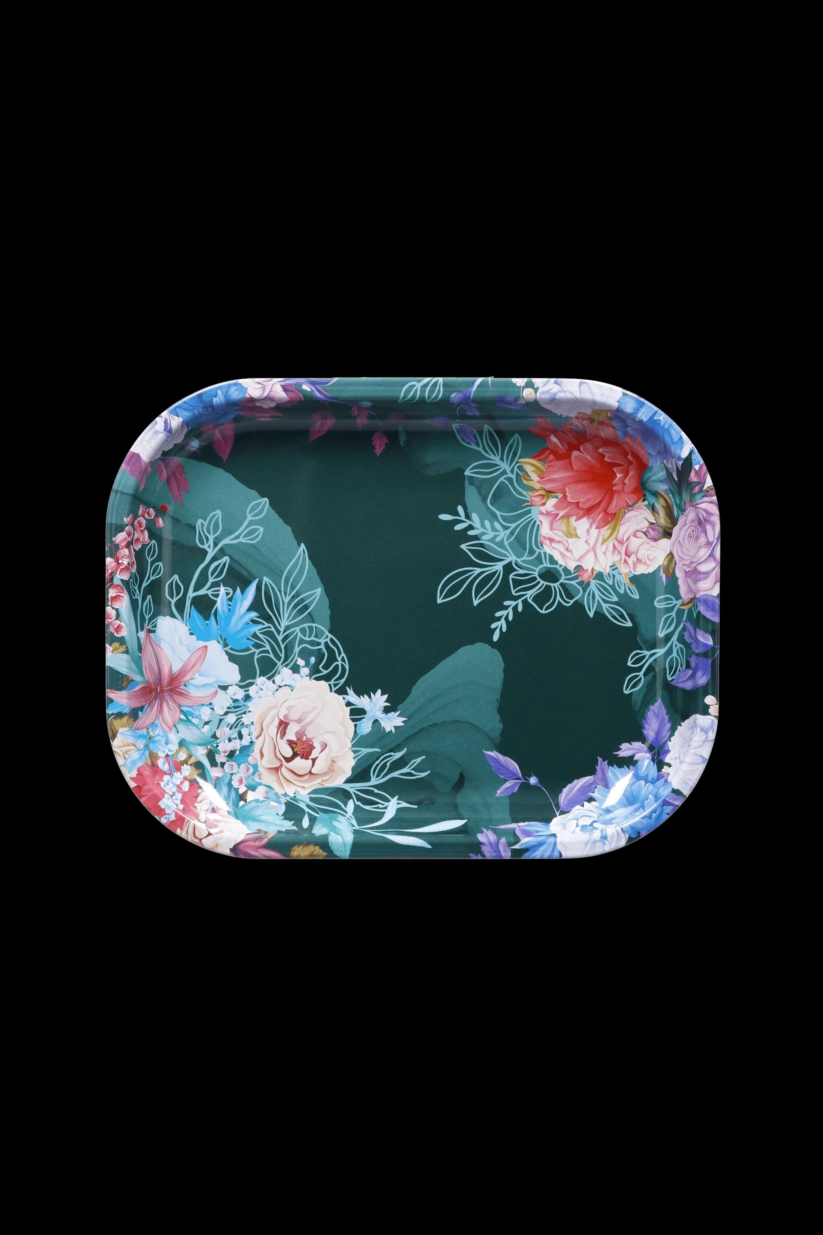 Floral rolling tray with vibrant botanical illustrations.