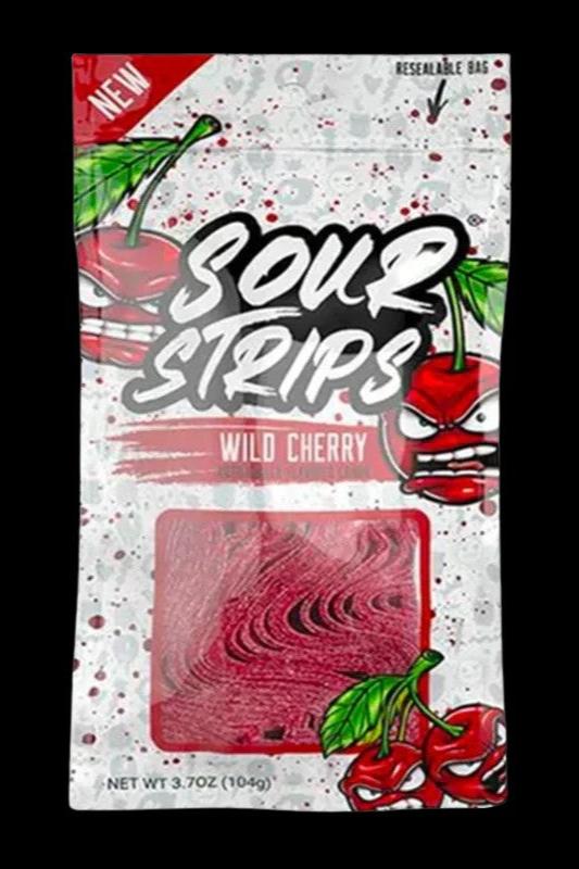 A package of “Sour Strips” cannabis edibles in Wild Cherry flavor, featuring a swirled red candy square and cherry illustrations.