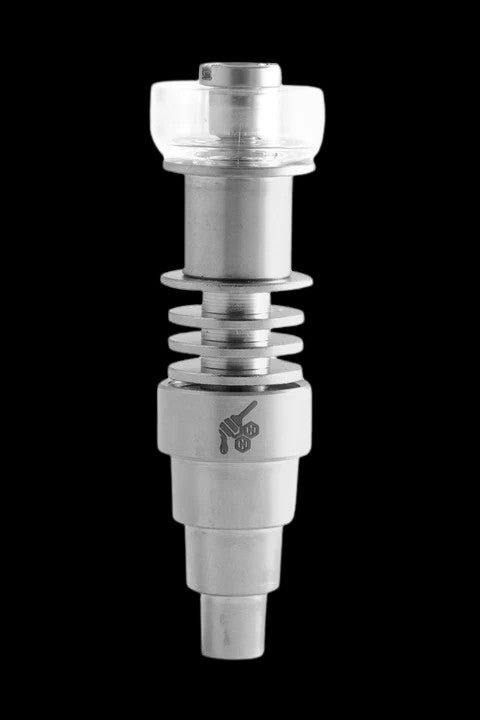 Silver cannabis dab rig nail with coil and etched logo.