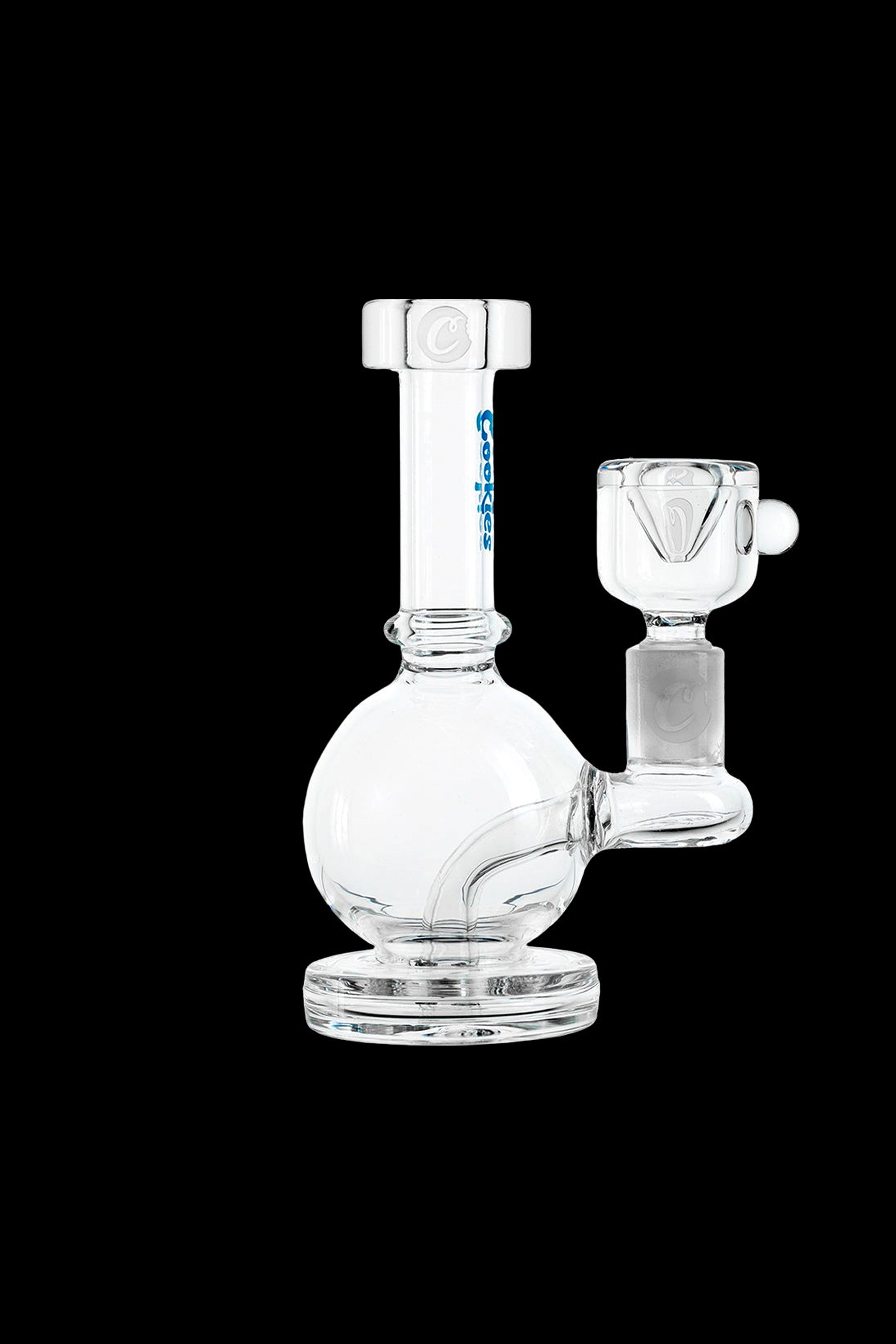 Clear glass bubbler water pipe with a glass bowl, isolated on a black background.