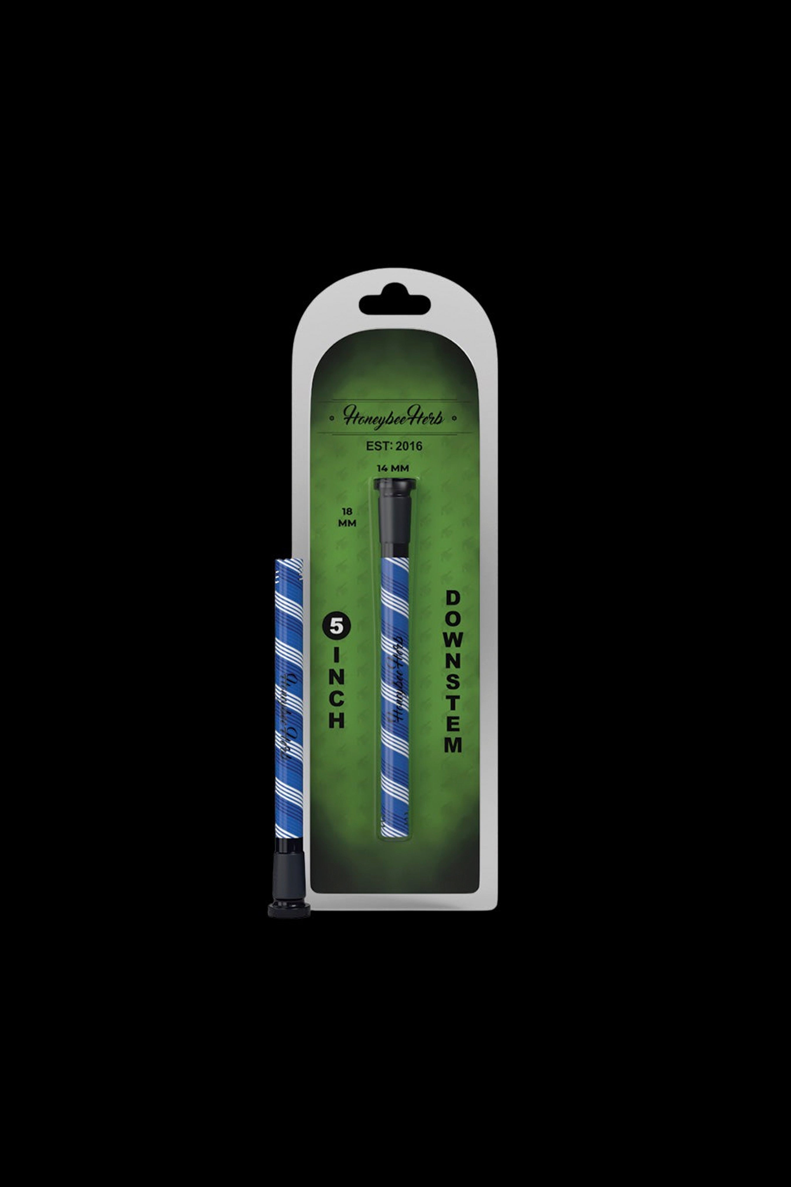 Packaged glass downstems for a water pipe, labeled “Downstem” and specifying sizes of 5 and 9 inch with 18mm and 14mm measurements.