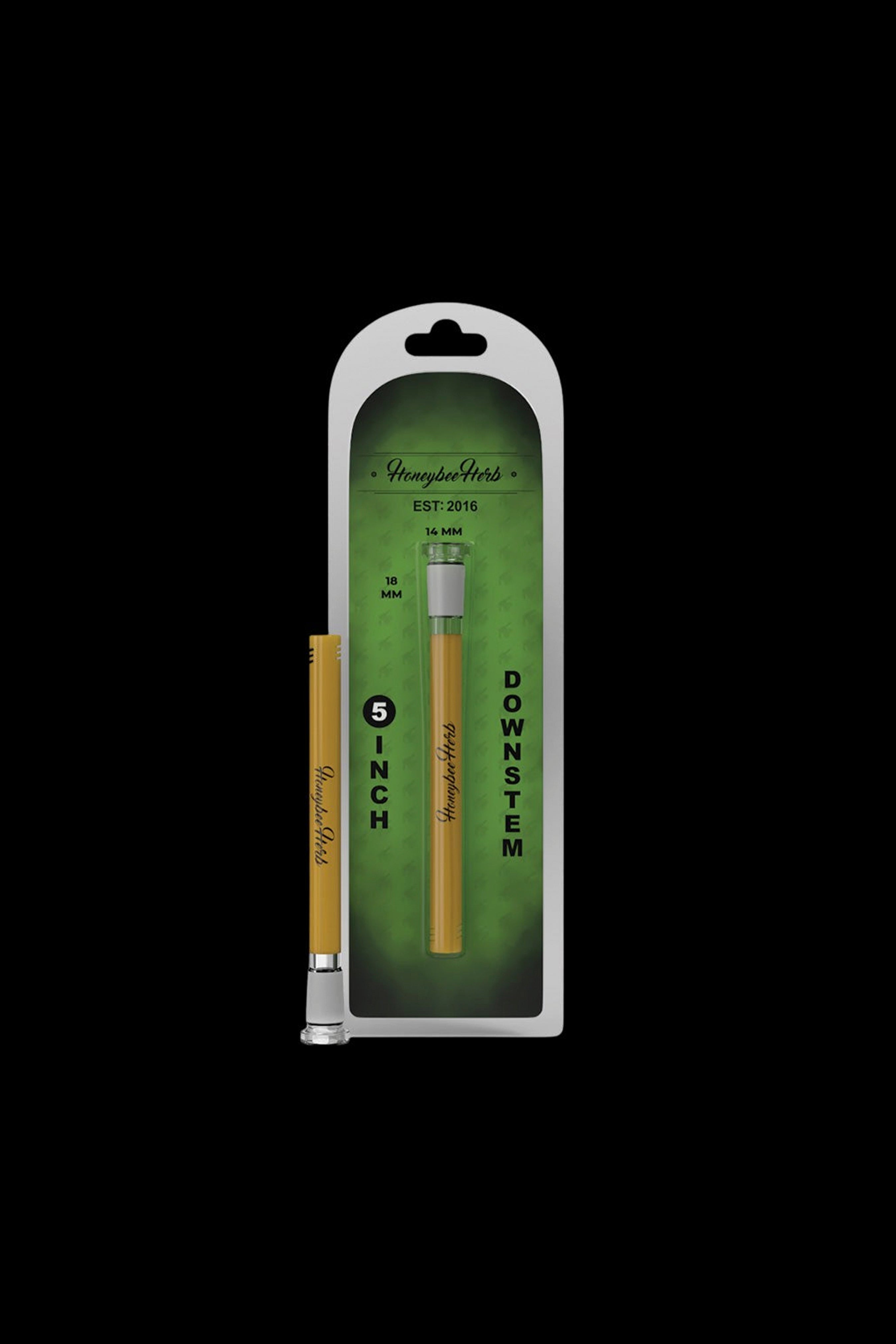 Two gold-colored downstem accessories for smoking, branded “Honeybee Herb” and packaged in a green and white display card.