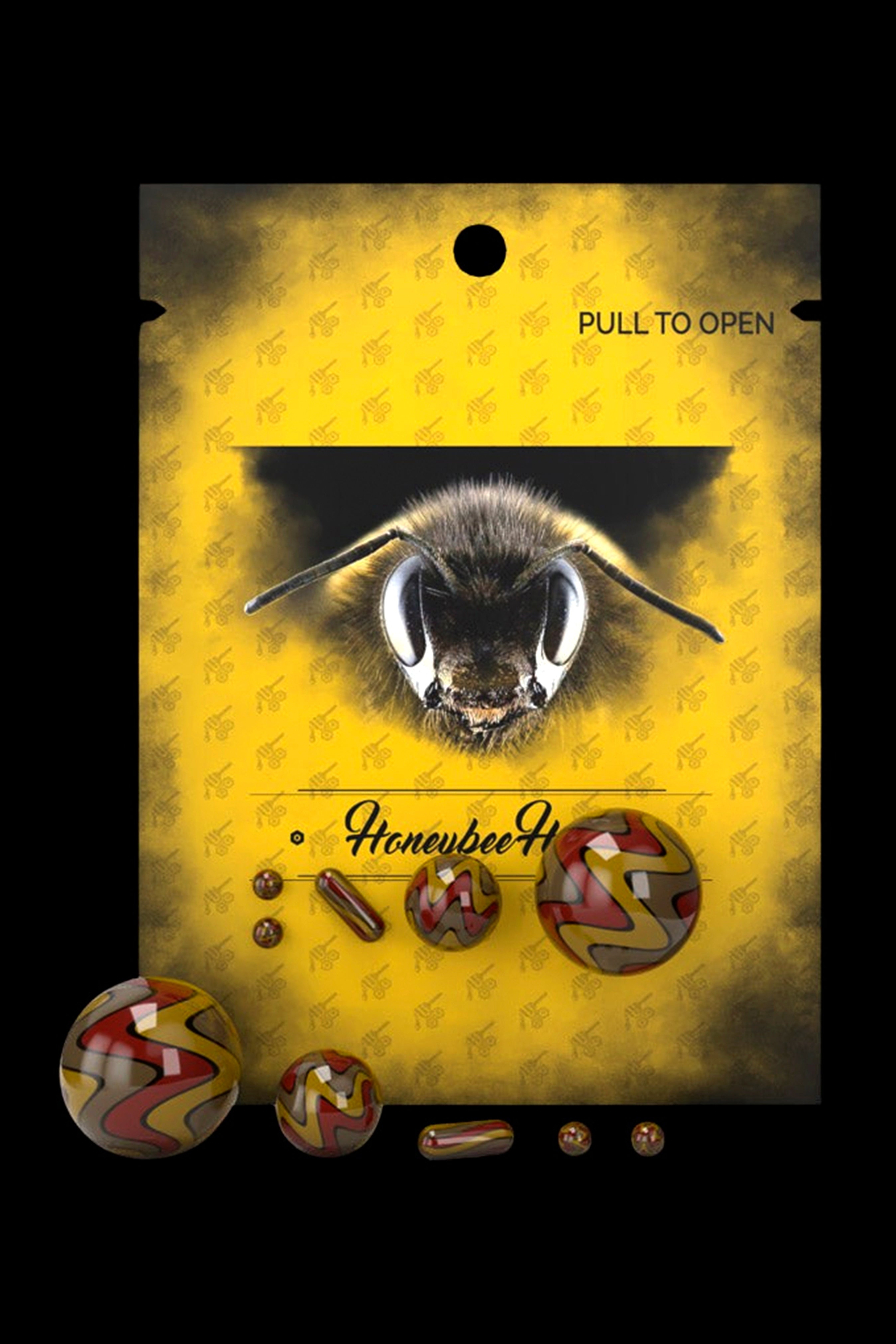 A yellow cannabis accessory bag with a bee graphic and scattered, colorful cannabis concentrates.