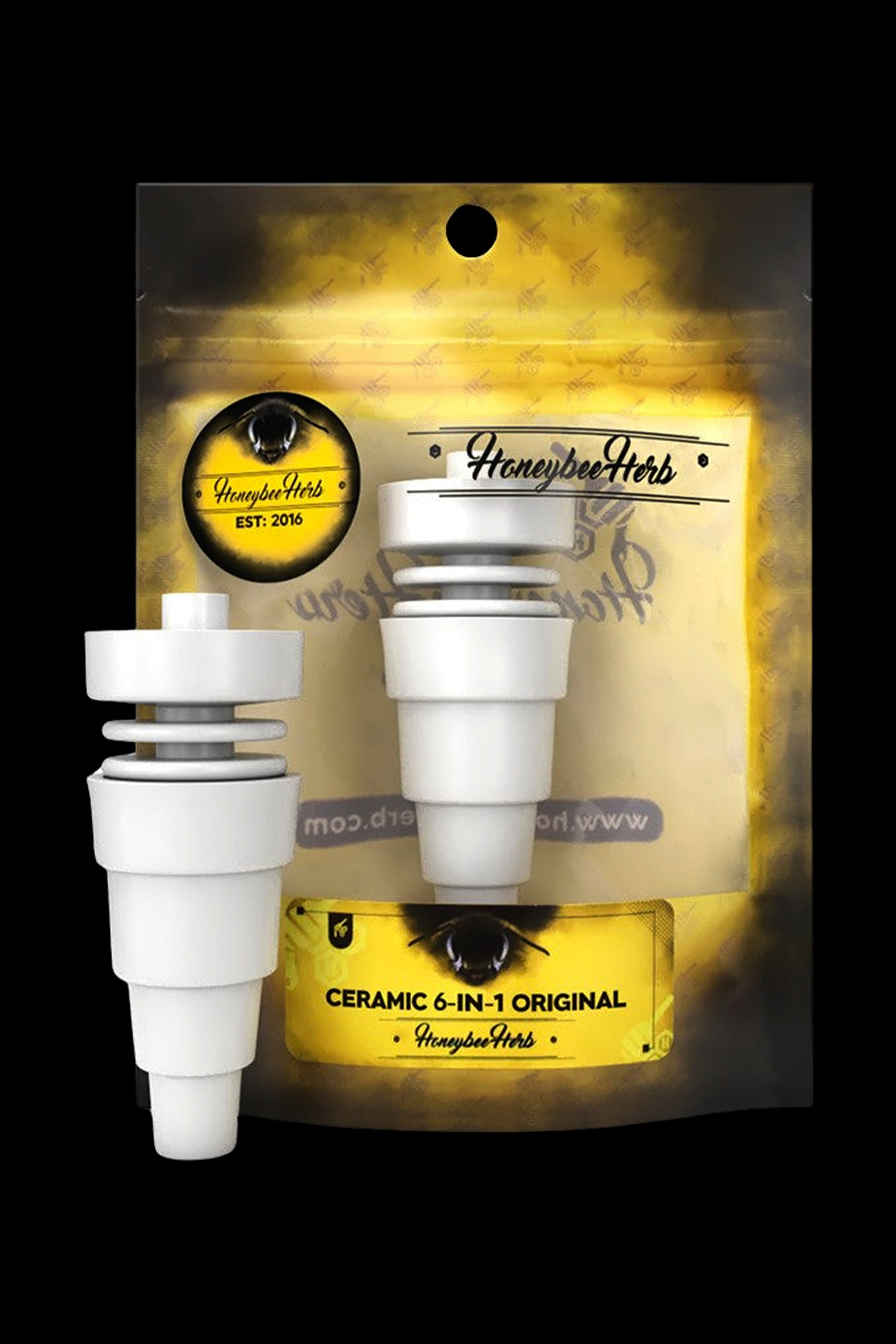 Pack of white ceramic 6-in-1 Original HoneybeeHerb smoking accessories displayed on a branded packaging bag.