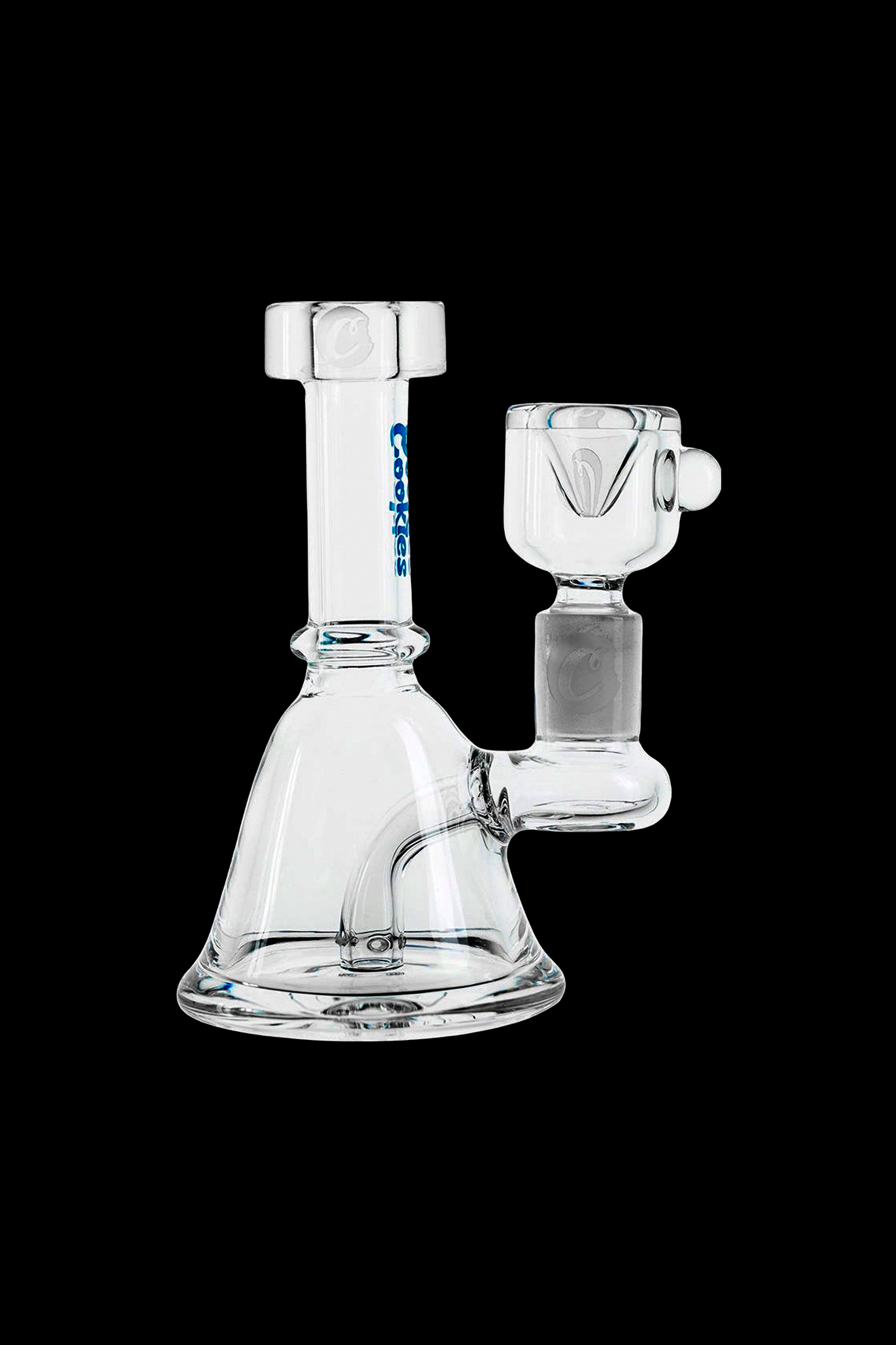 Clear glass bong with a flared base and accompanying glass bowl, branded with "Cookies".
