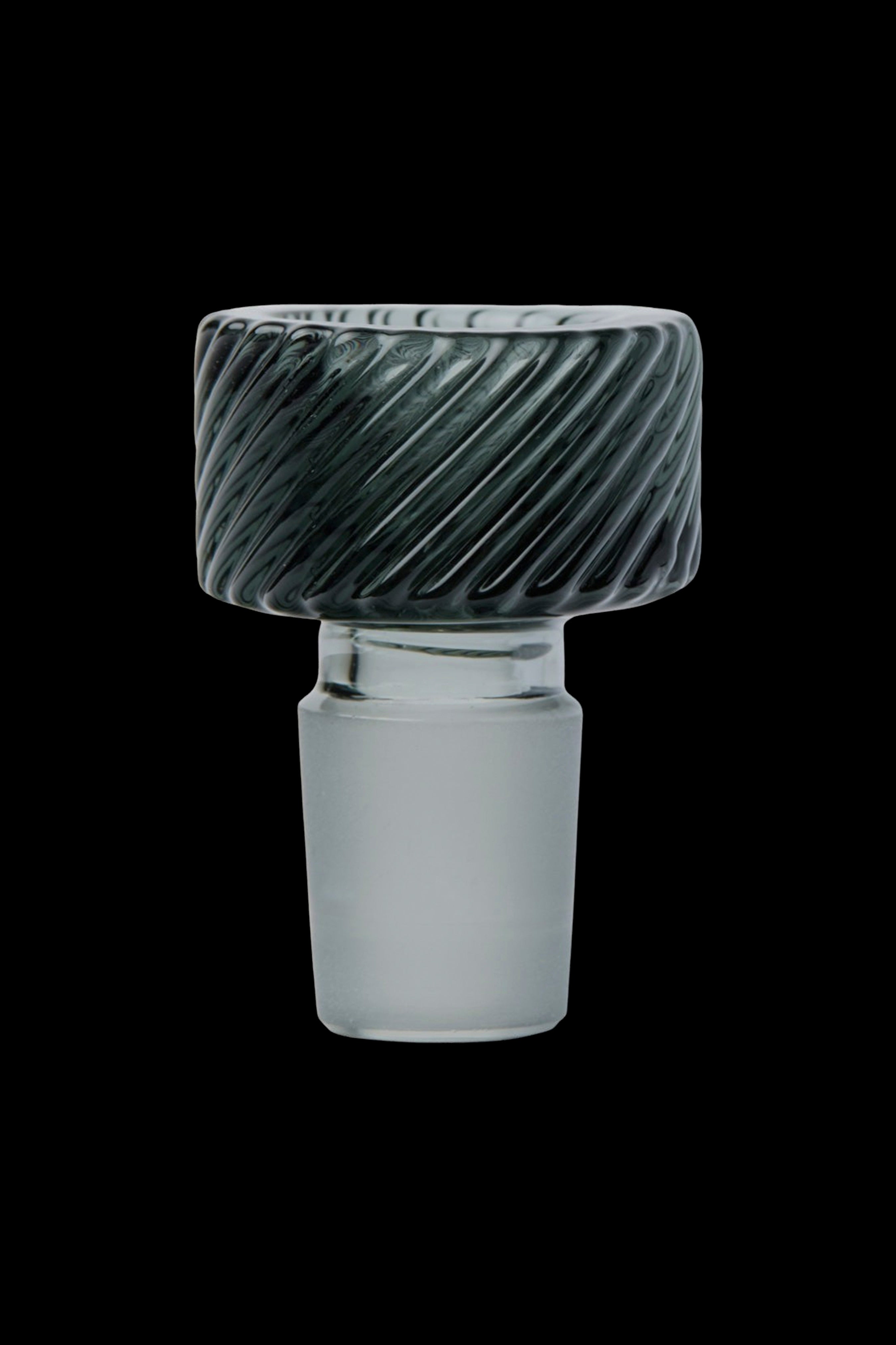 Clear glass cannabis bowl with swirling dark green accents.