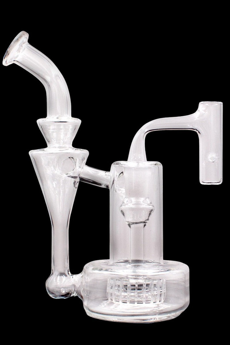 Clear glass water pipe (rig) with multiple percolation chambers and mouthpiece.