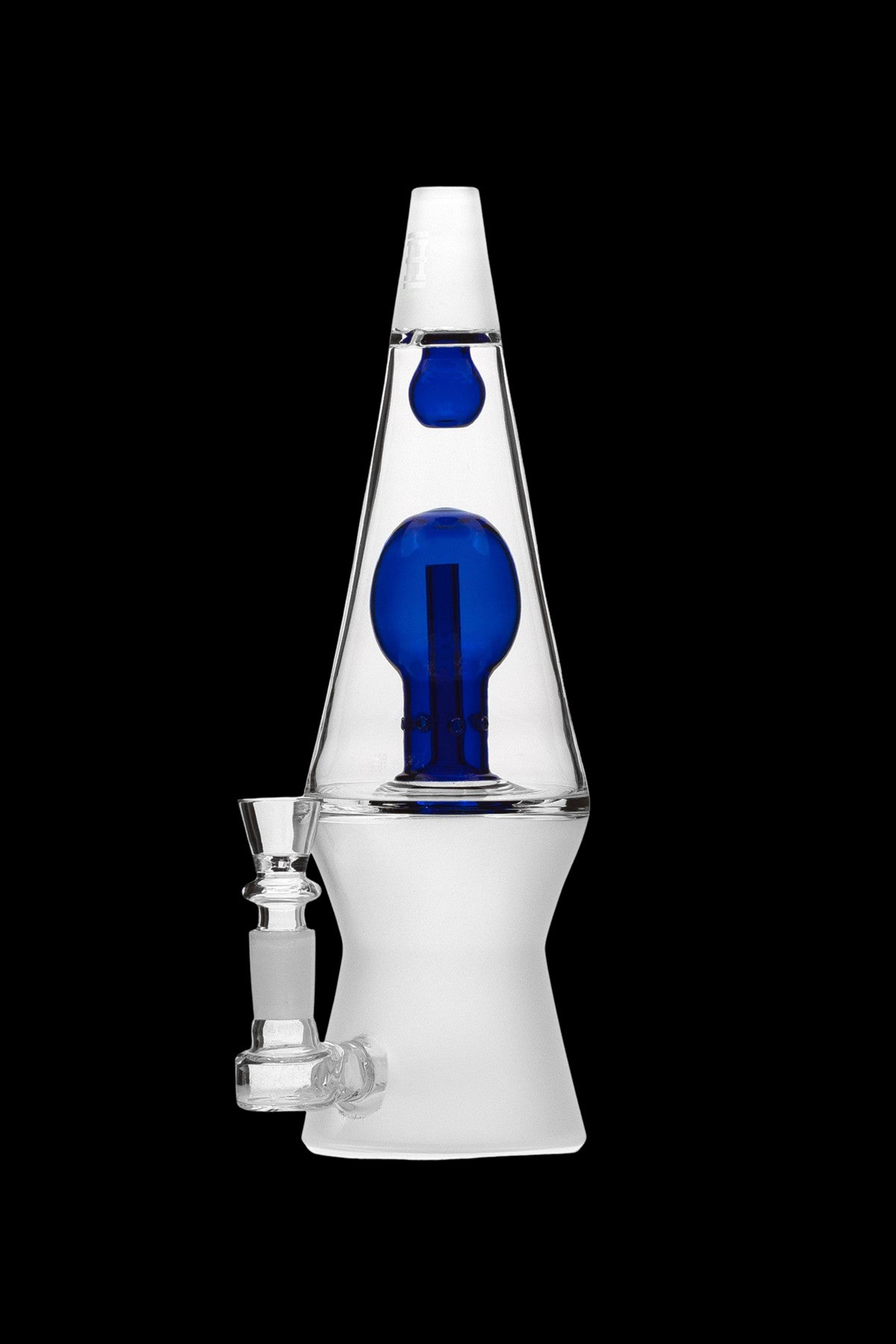 Clear glass water pipe (bong) with blue glass accents, studio shot on a black background.