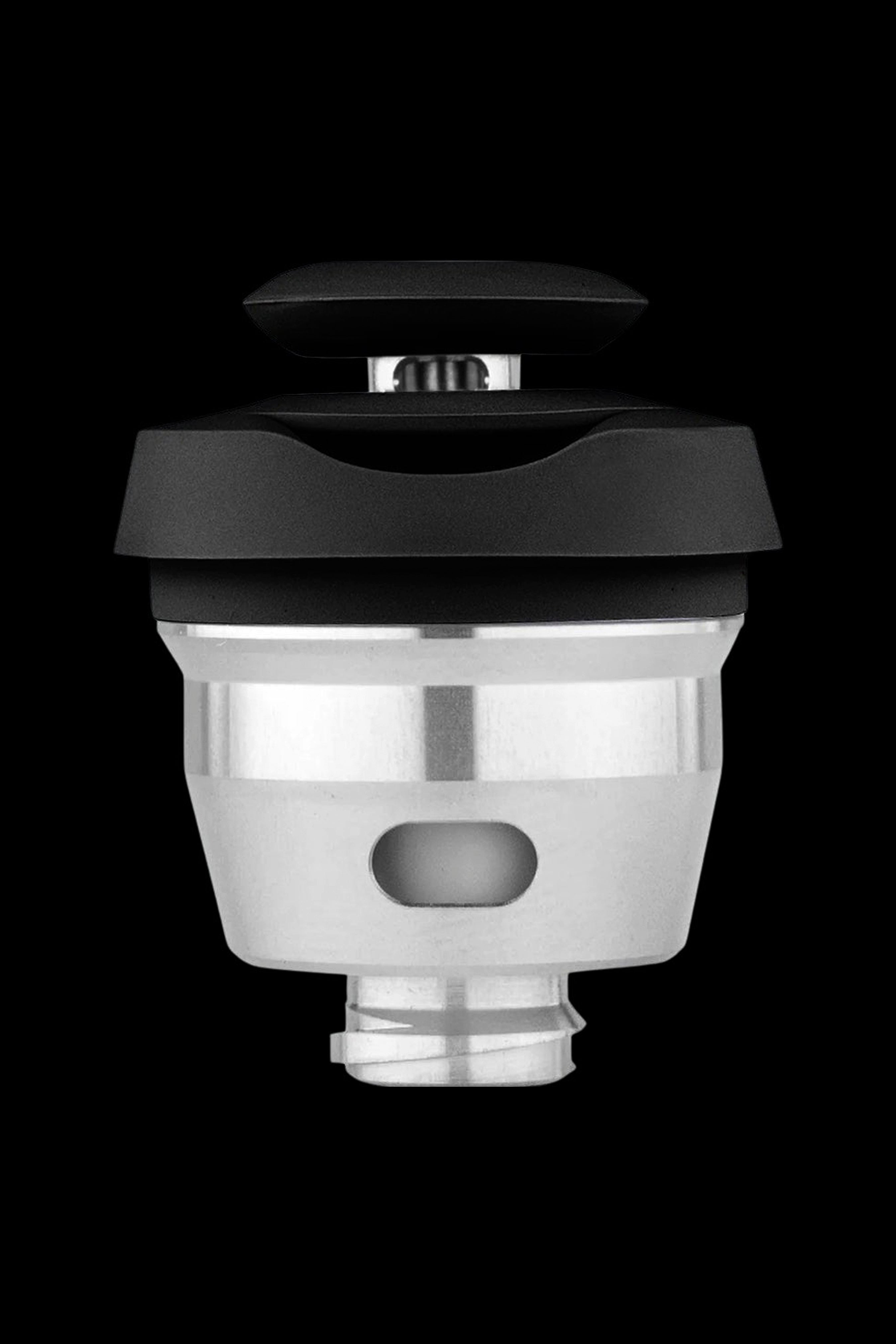 Clear cannabis oil vape cartridge with black mouthpiece.