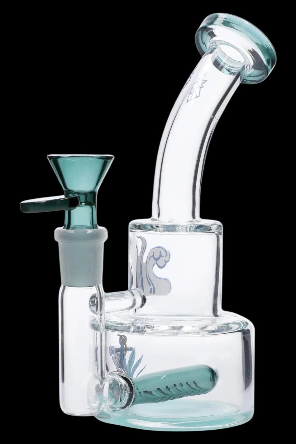 Angled close-up of the teal-accented Cabana Cannabis Co. Ahoy Dab Rig showing its curved mouthpiece, stacked chamber and teal bowl against a black background